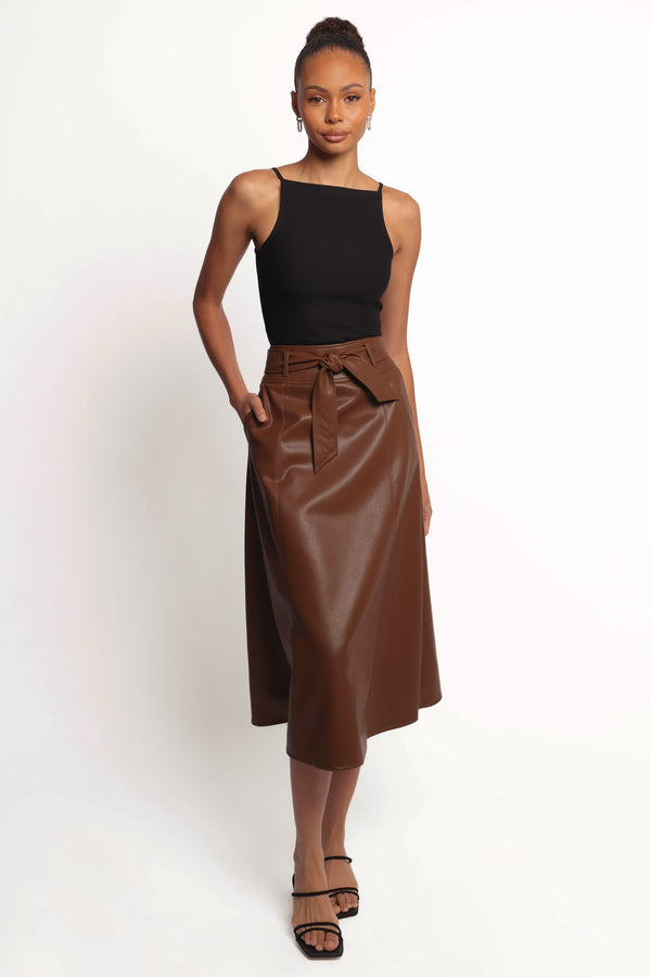 BOTTOMS Adaline Faux Leather Midi Skirt - Brown