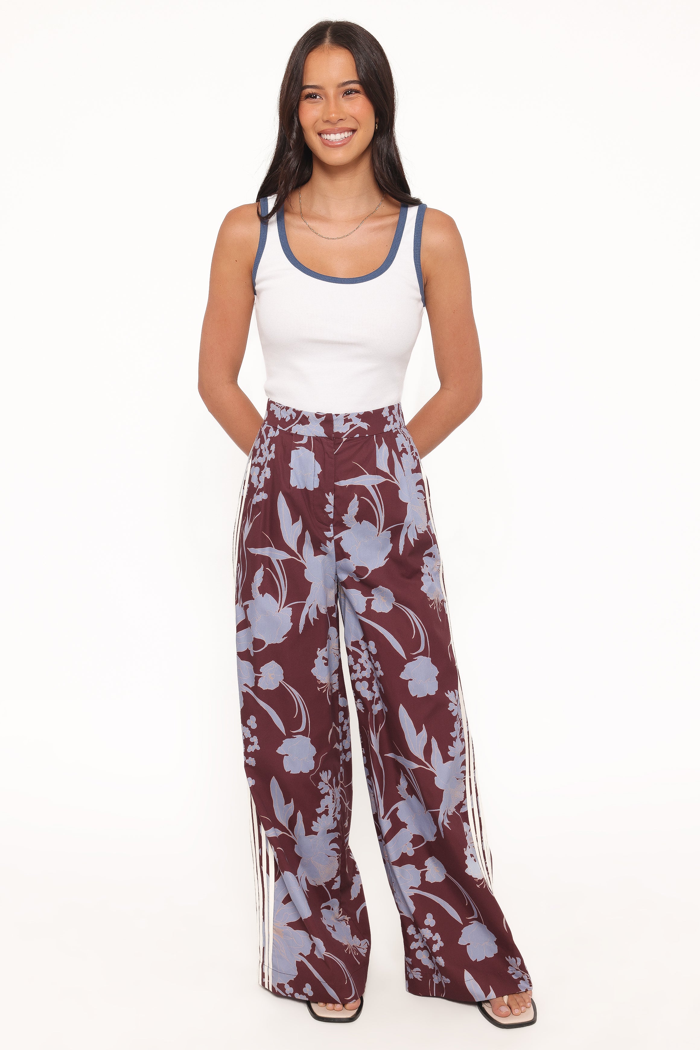 BOTTOMS Aine Wide Leg Tailored Pant - Burgundy Floral