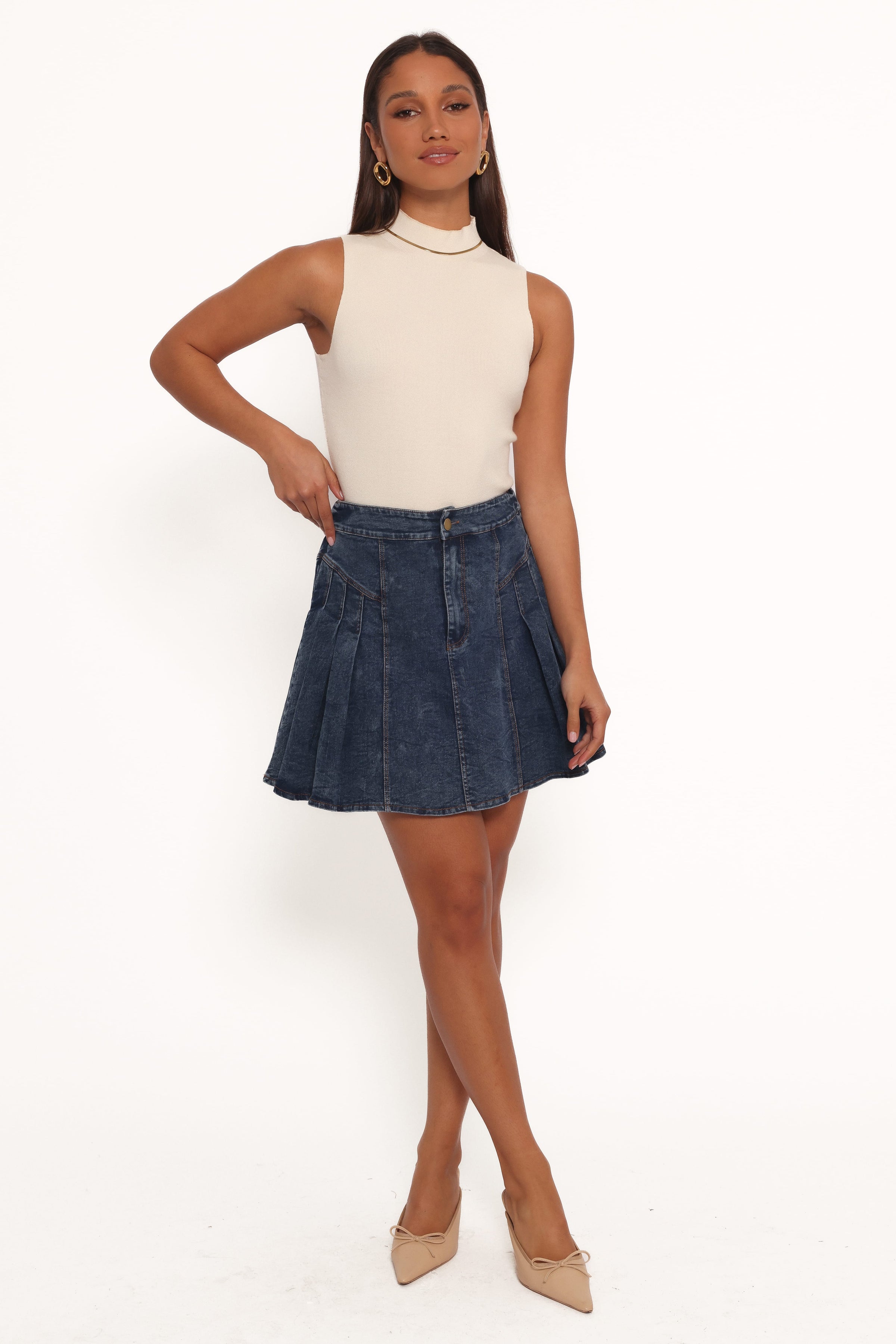 BOTTOMS Alek Pleated Mini Skirt - Mid Wash Denim
