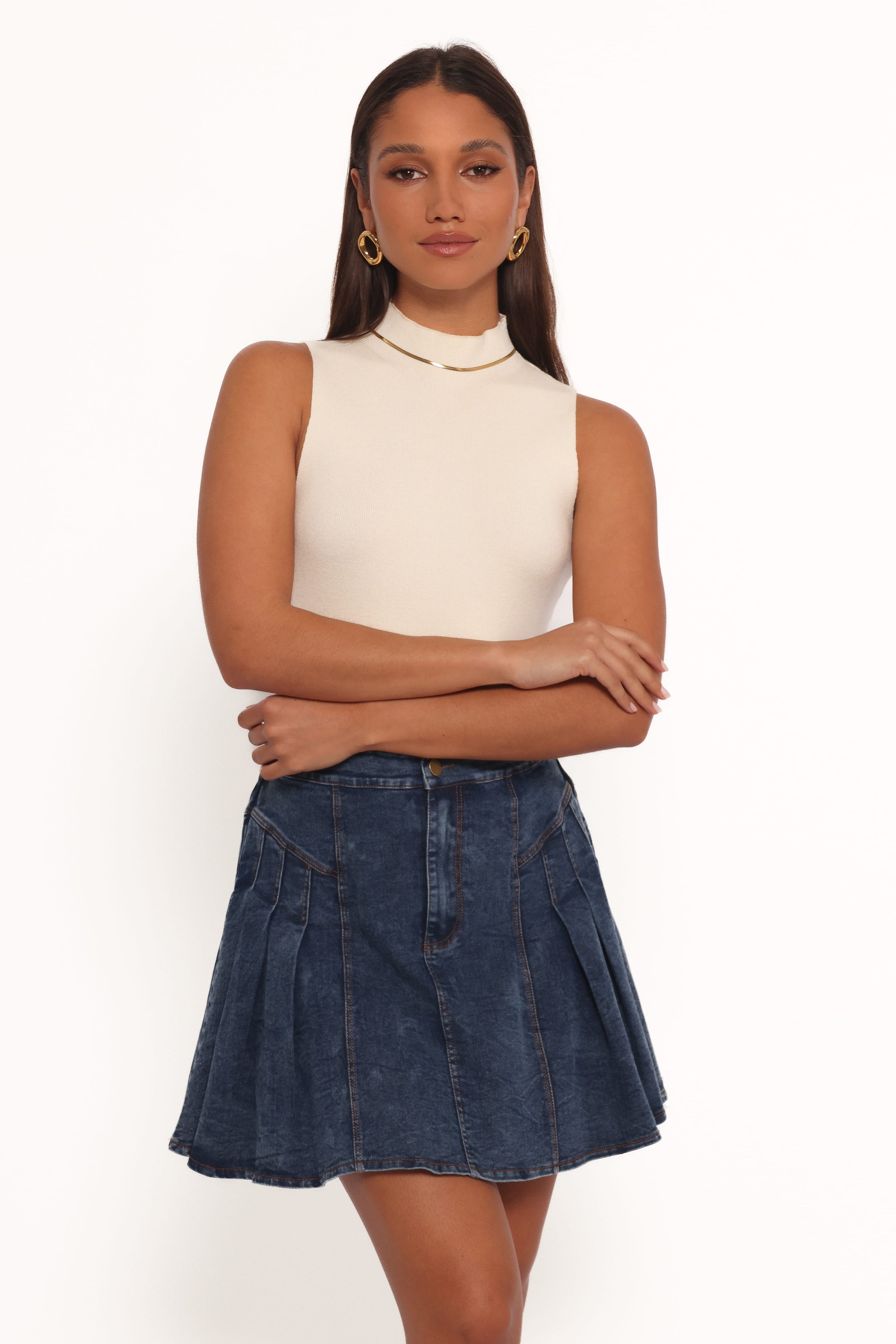 BOTTOMS Alek Pleated Mini Skirt - Mid Wash Denim