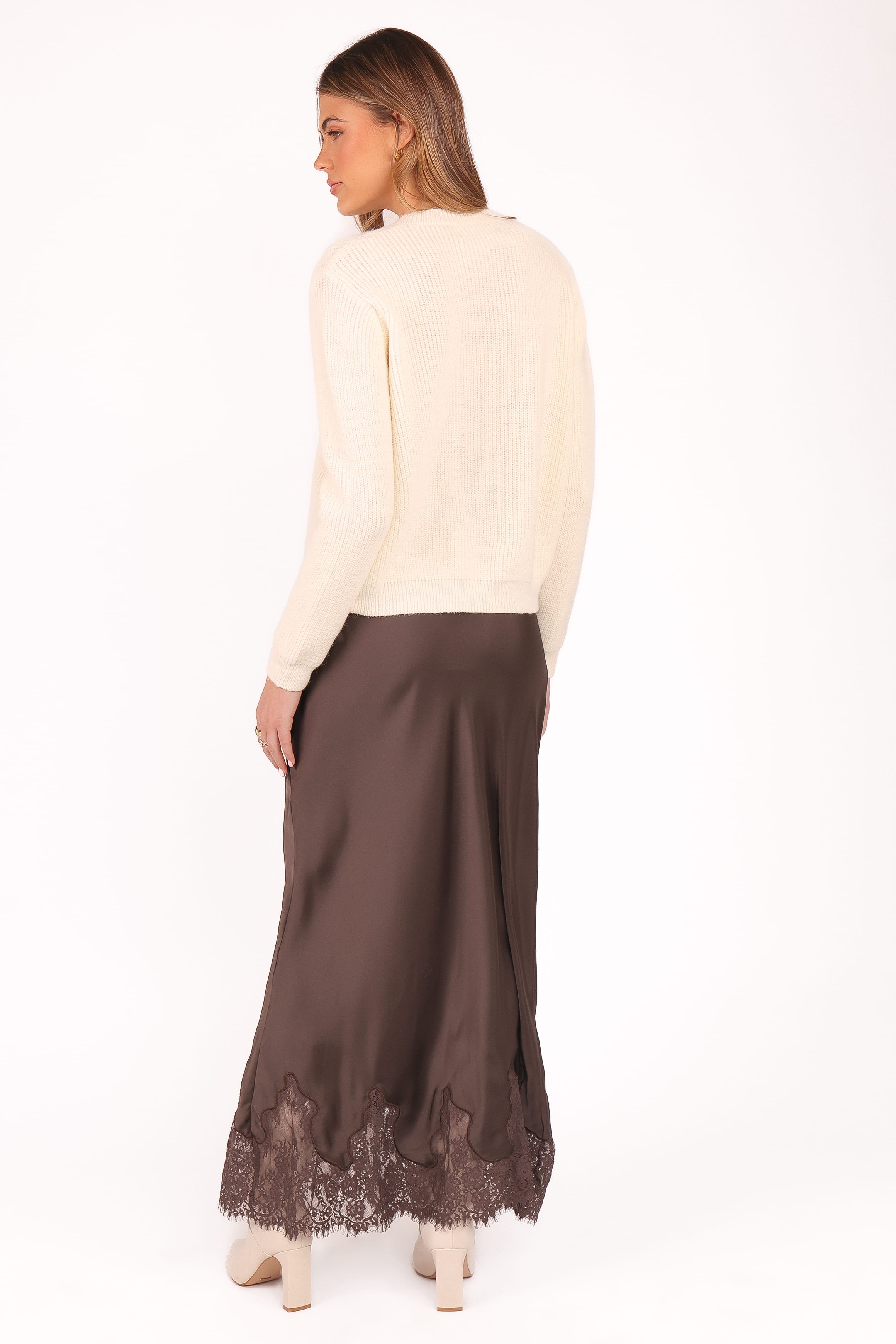 BOTTOMS Alira Lace Trim Midi Skirt - Brown