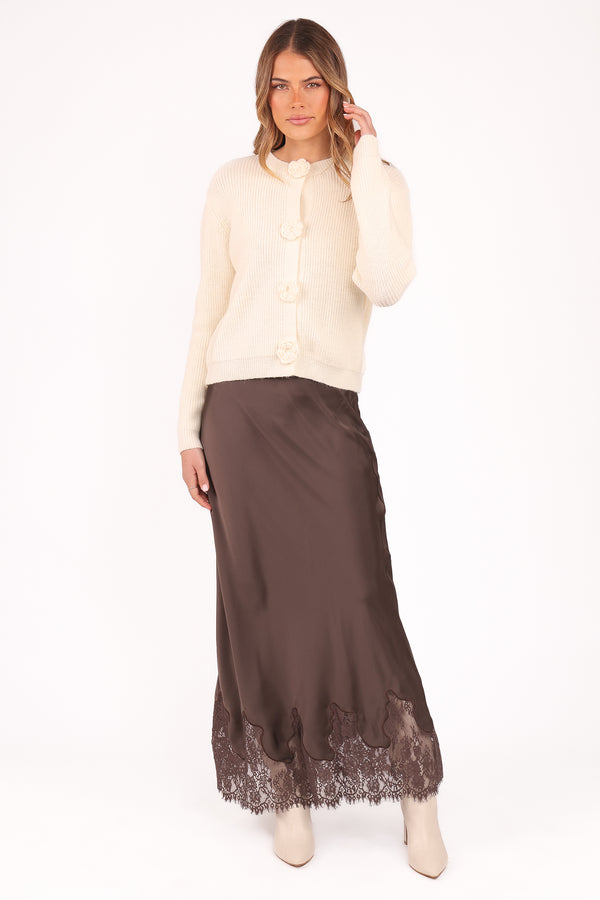 BOTTOMS Alira Lace Trim Midi Skirt - Brown