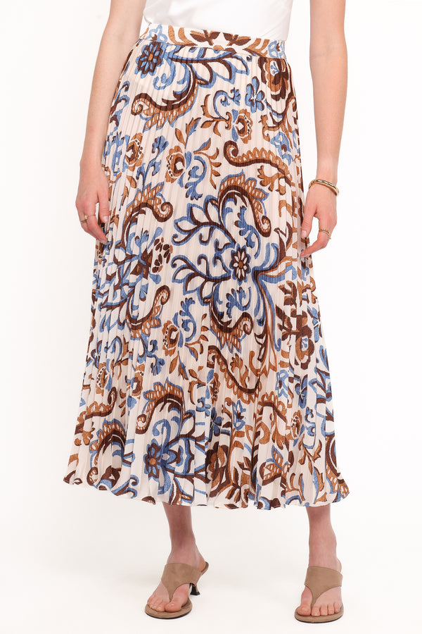 BOTTOMS Aoife Pleated Midi Skirt - Ivory Brown Blue