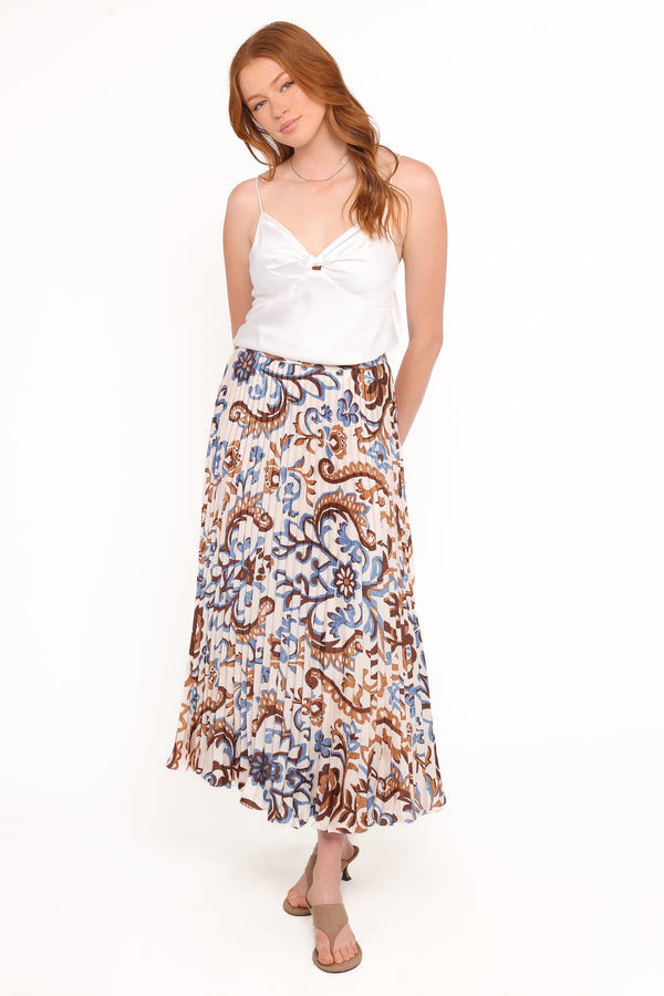 BOTTOMS Aoife Pleated Midi Skirt - Ivory Brown Blue