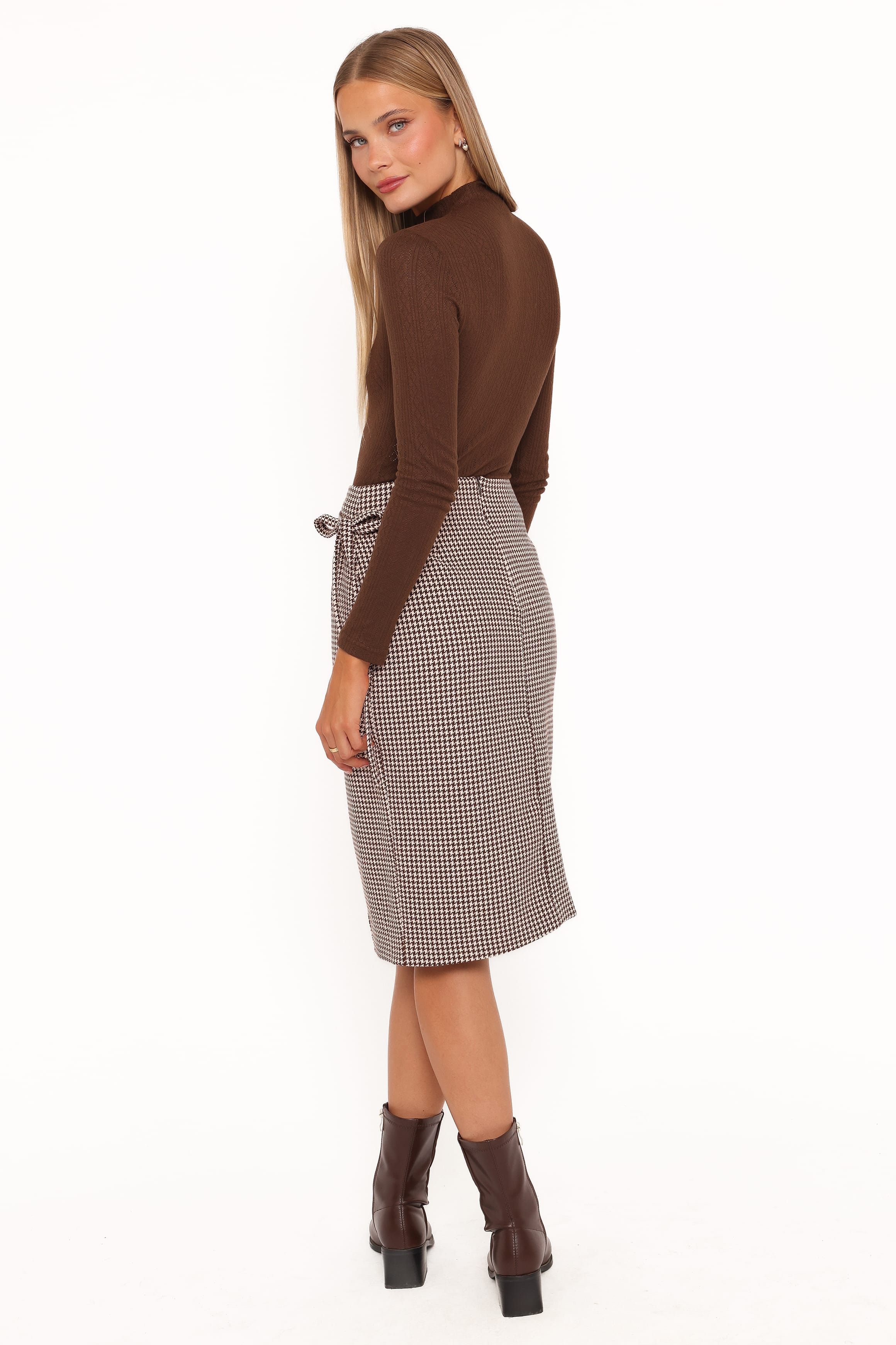 BOTTOMS Ariela Wrap Front Midi Skirt - Brown Houndstooth