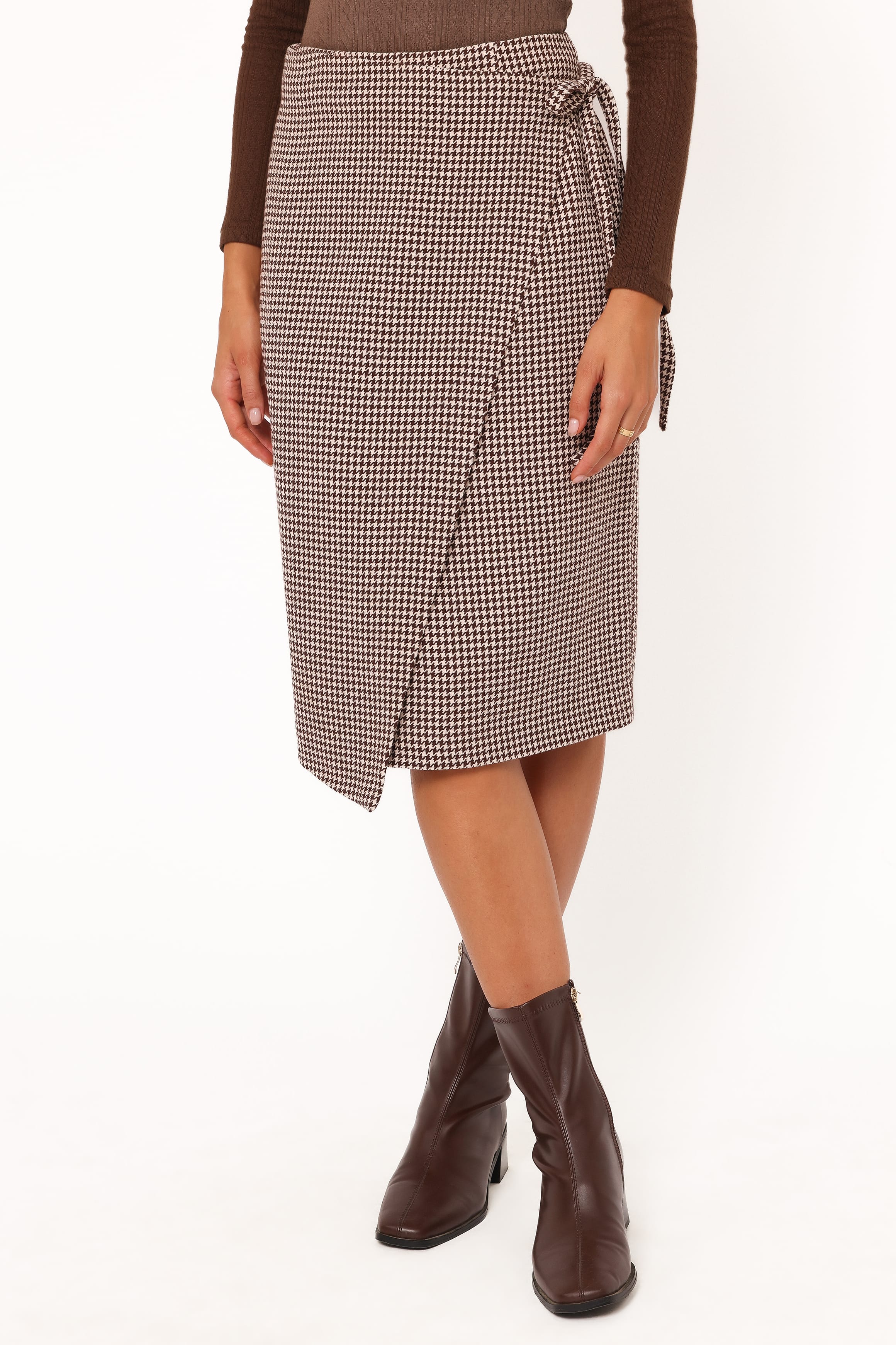 BOTTOMS Ariela Wrap Front Midi Skirt - Brown Houndstooth