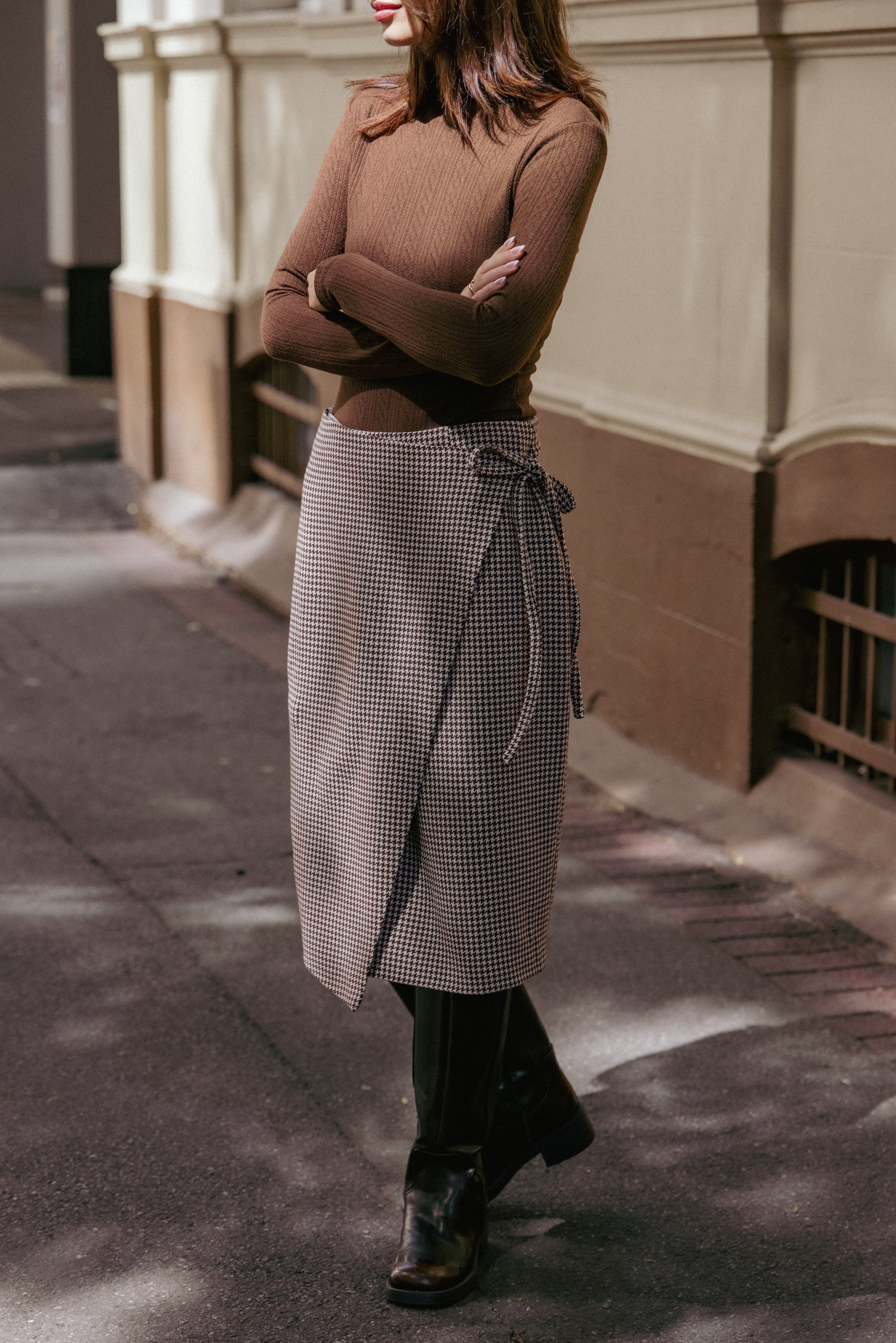 BOTTOMS Ariela Wrap Front Midi Skirt - Brown Houndstooth