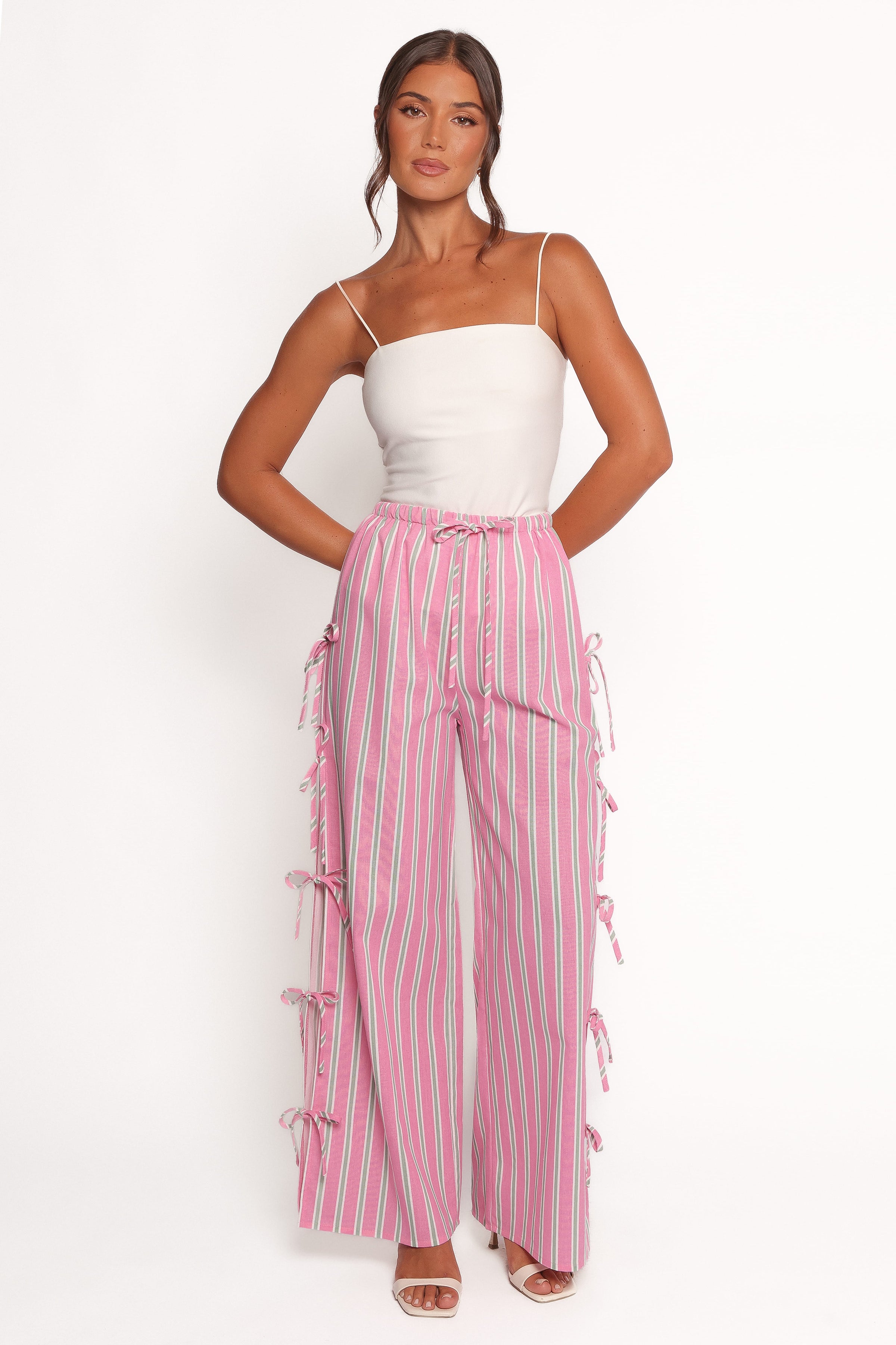 BOTTOMS Ashton Tie Detail Pant - Pink Green Stripe