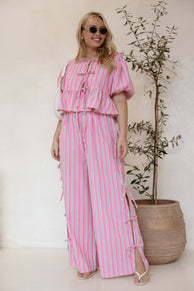 BOTTOMS Ashton Tie Detail Pant - Pink Green Stripe