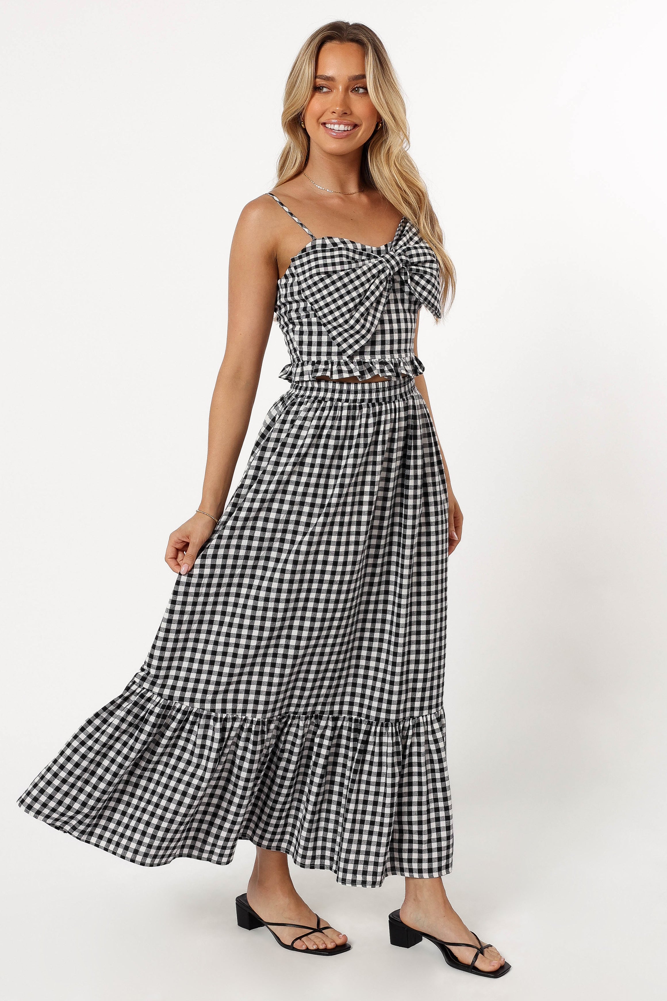 BOTTOMS @Bambi Tiered Midi Skirt - Black Gingham (Hold for 4th July)