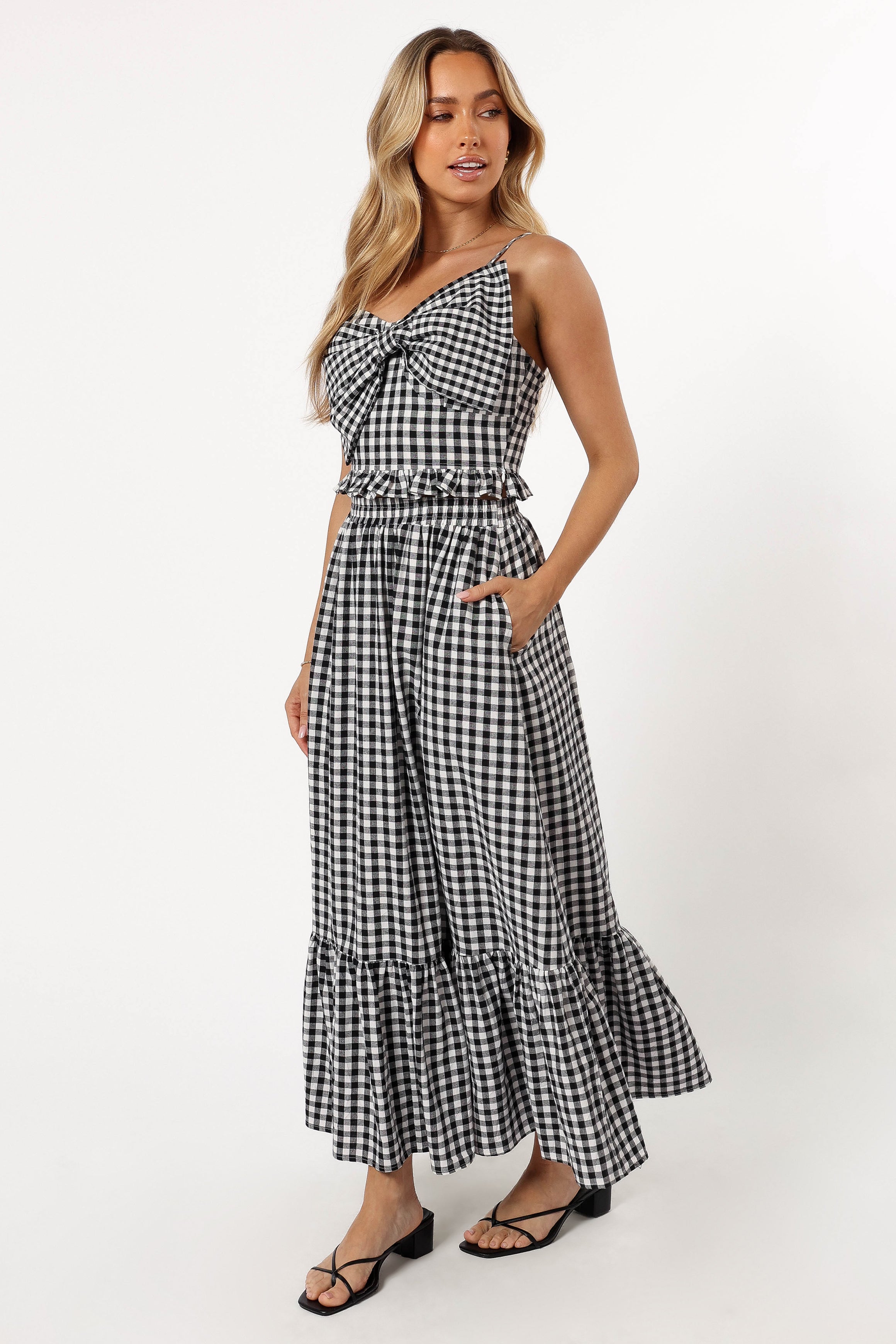 BOTTOMS @Bambi Tiered Midi Skirt - Black Gingham (Hold for 4th July)