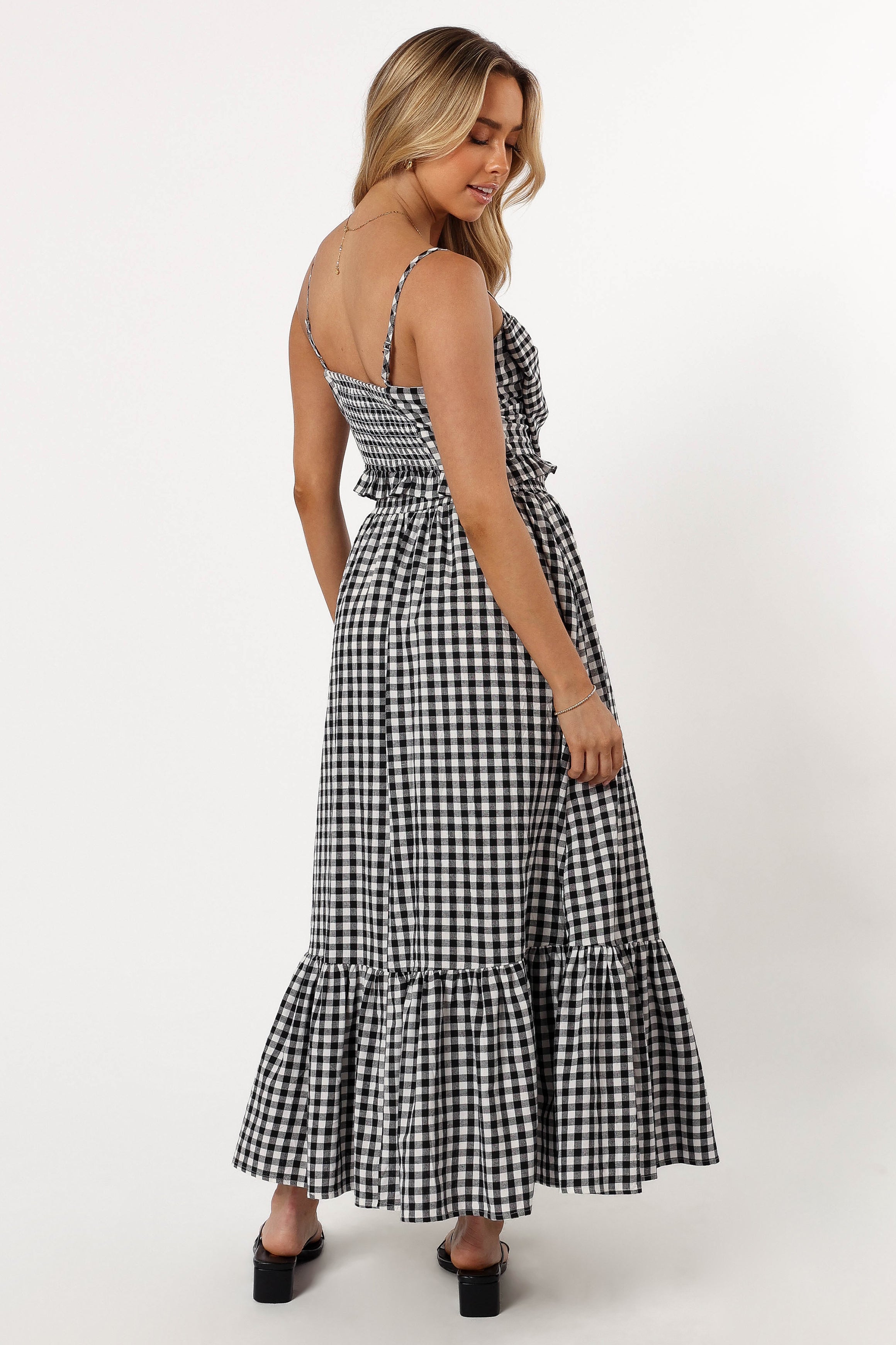 BOTTOMS @Bambi Tiered Midi Skirt - Black Gingham (Hold for 4th July)