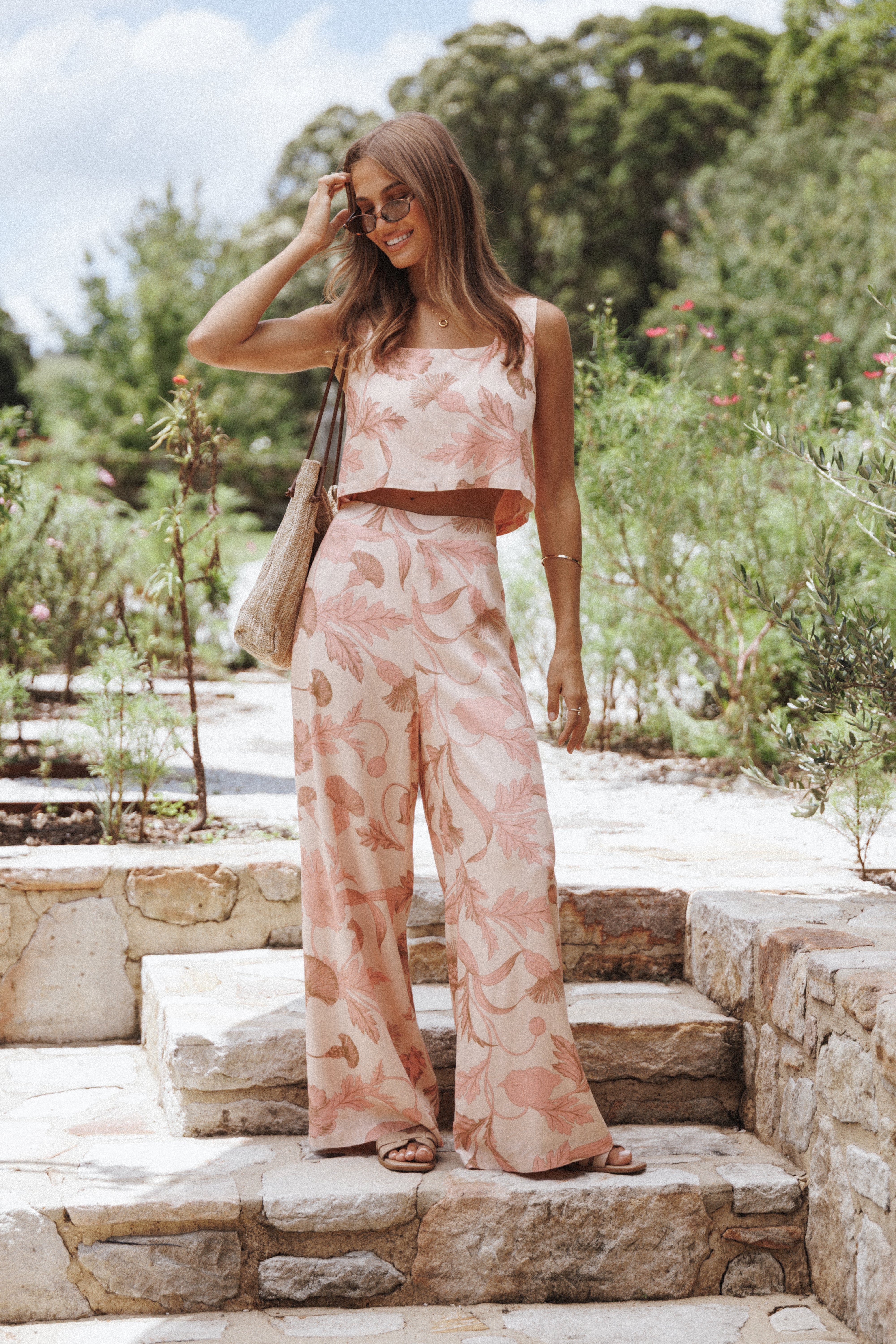 BOTTOMS Brayden Wide Leg Linen Pant - Pink Floral