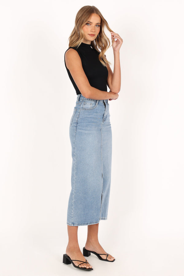 BOTTOMS @Dana Denim Midi Skirt - Blue Wash