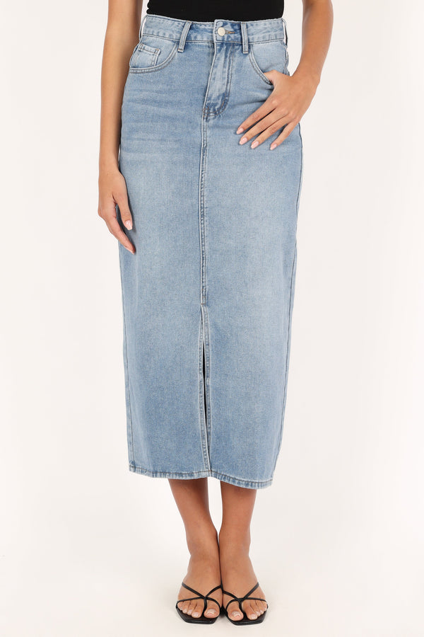 BOTTOMS @Dana Denim Midi Skirt - Blue Wash