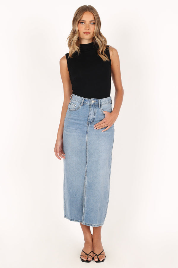 BOTTOMS @Dana Denim Midi Skirt - Blue Wash