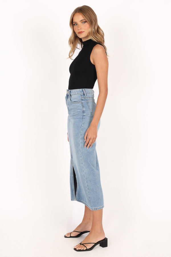 BOTTOMS @Dana Denim Midi Skirt - Blue Wash