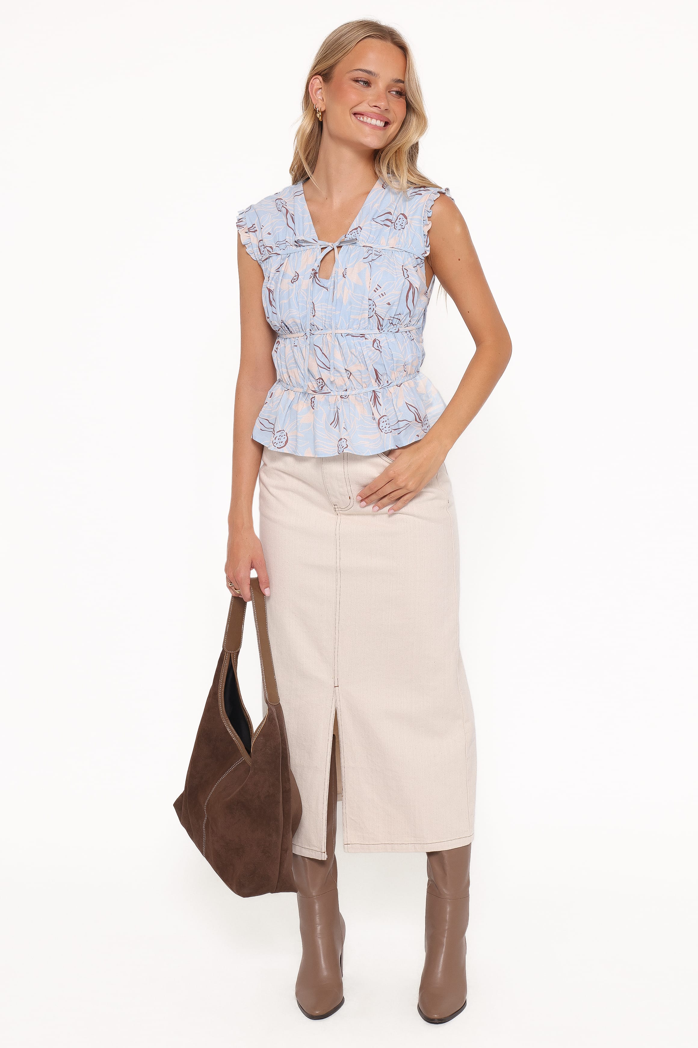 BOTTOMS Dana Denim Midi Skirt - Bone
