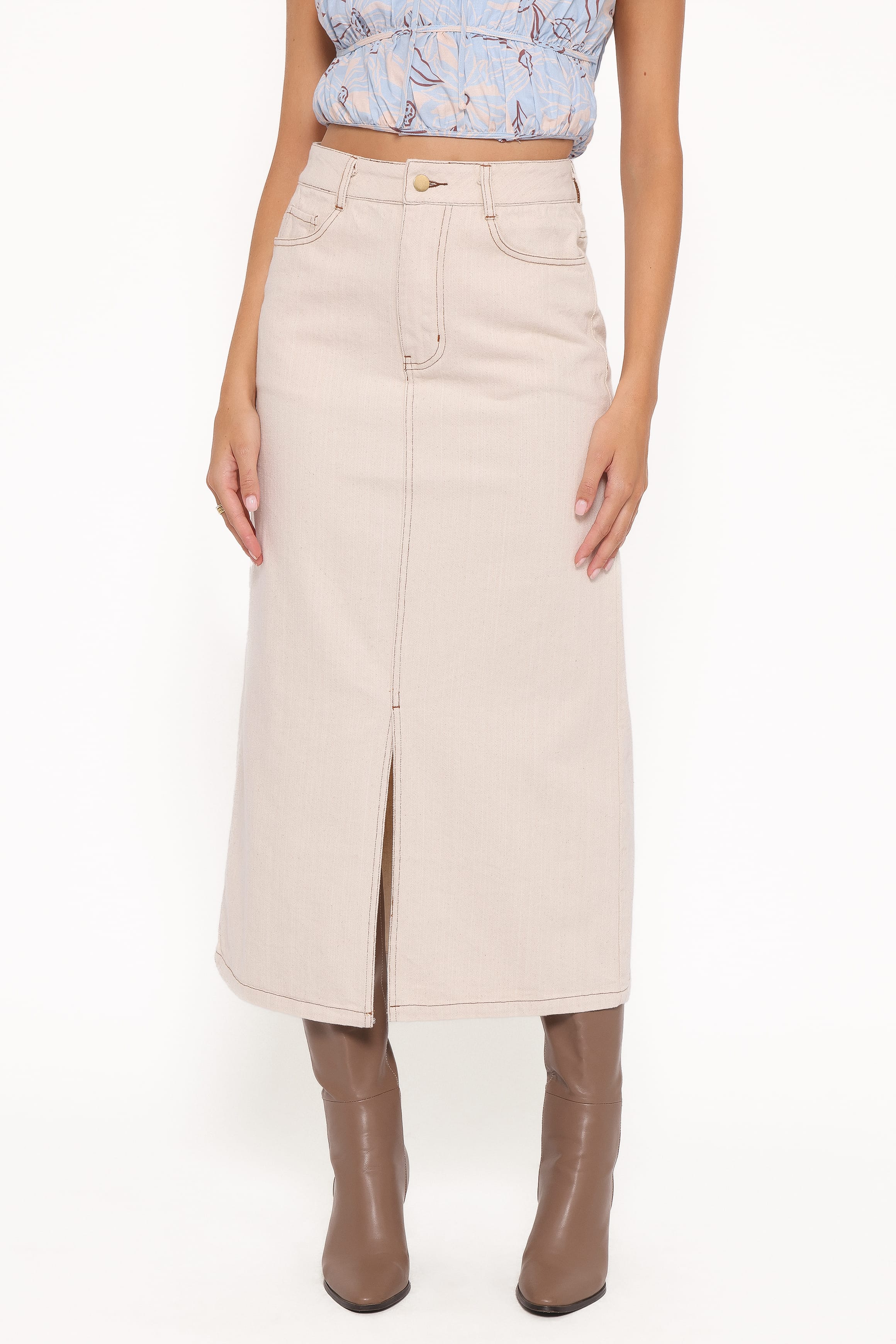 BOTTOMS Dana Denim Midi Skirt - Bone