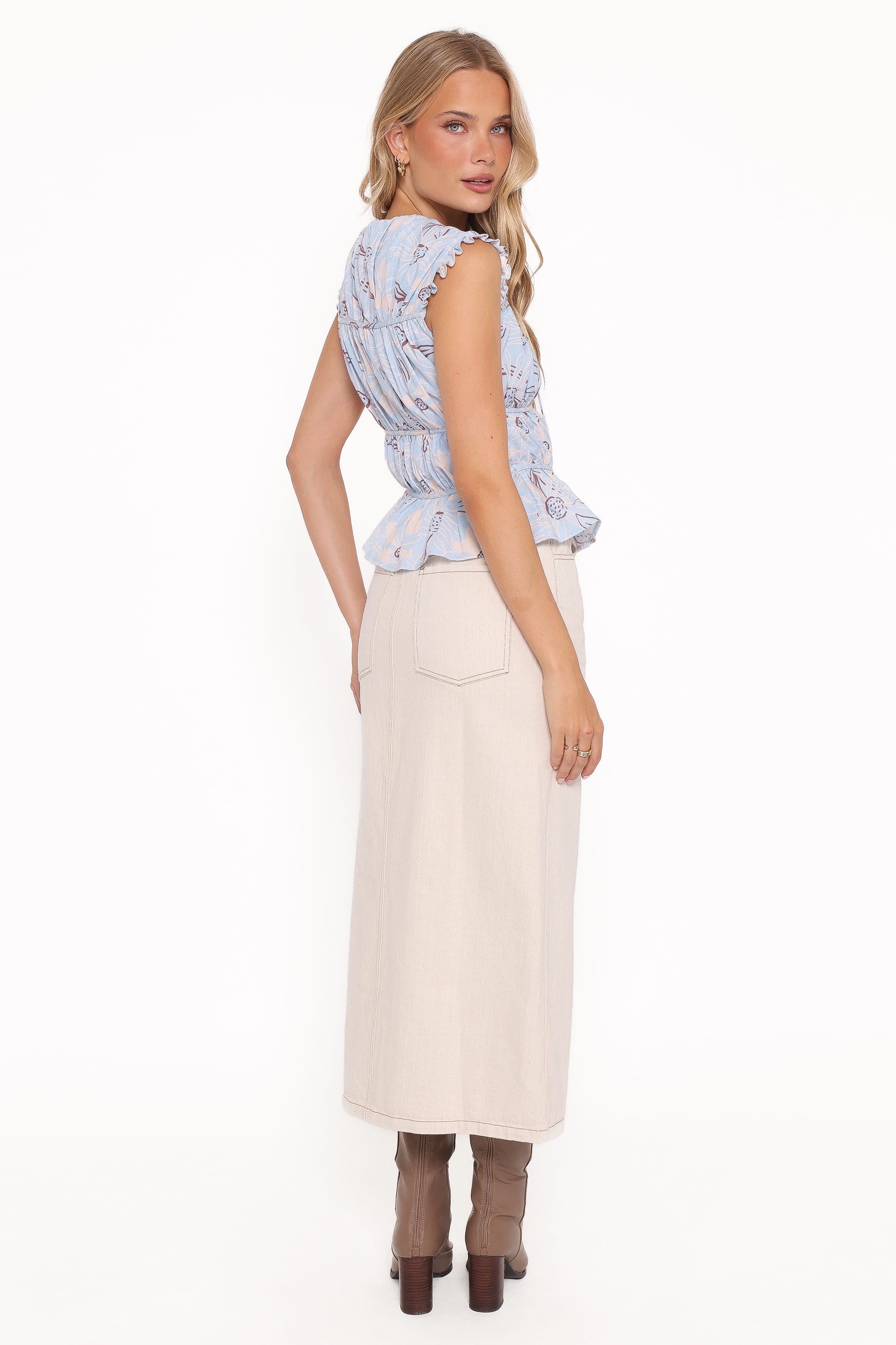 BOTTOMS Dana Denim Midi Skirt - Bone