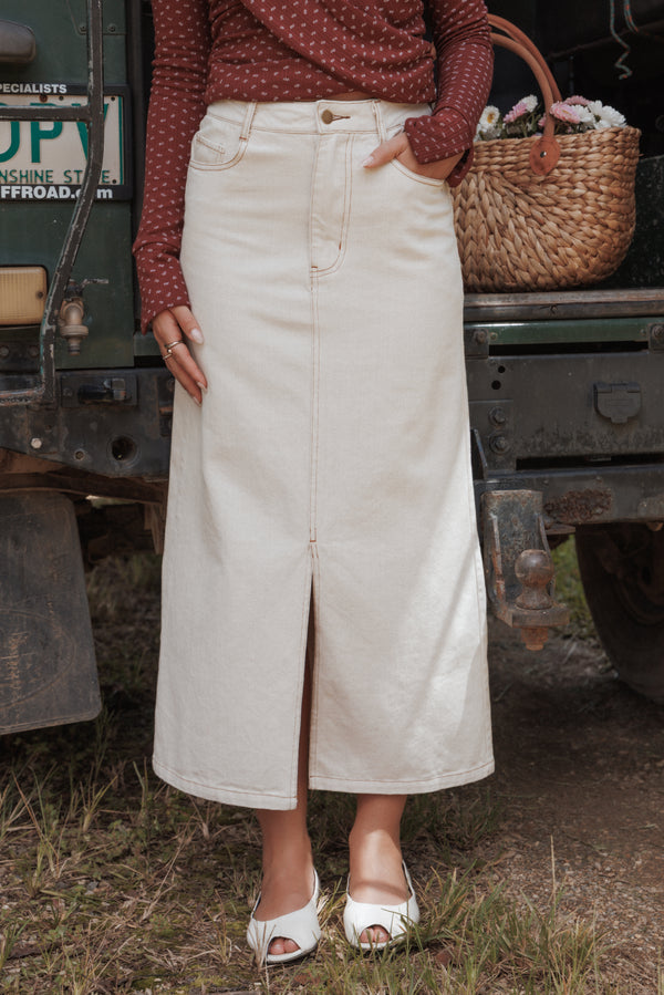 BOTTOMS Dana Denim Midi Skirt - Bone
