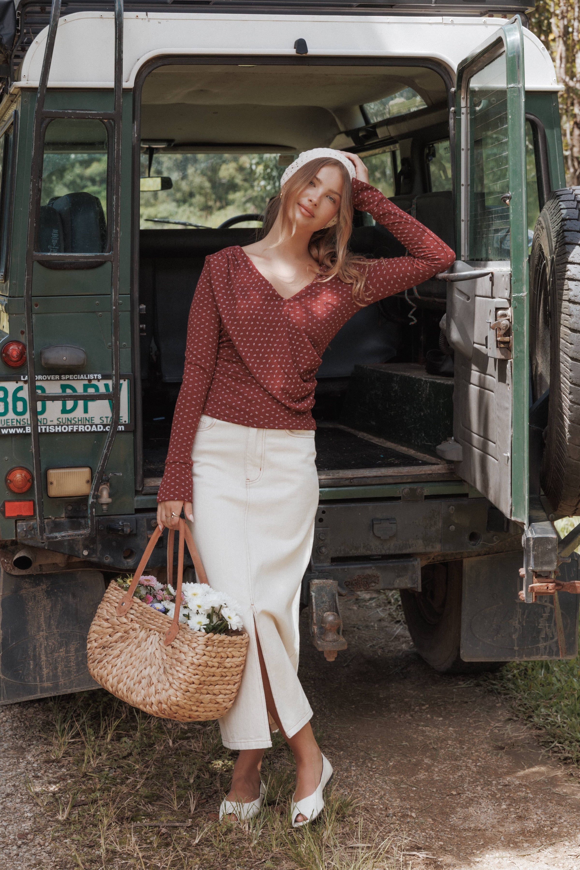 BOTTOMS Dana Denim Midi Skirt - Bone