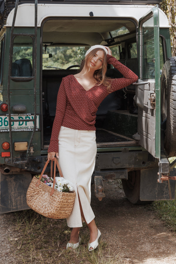 BOTTOMS Dana Denim Midi Skirt - Bone