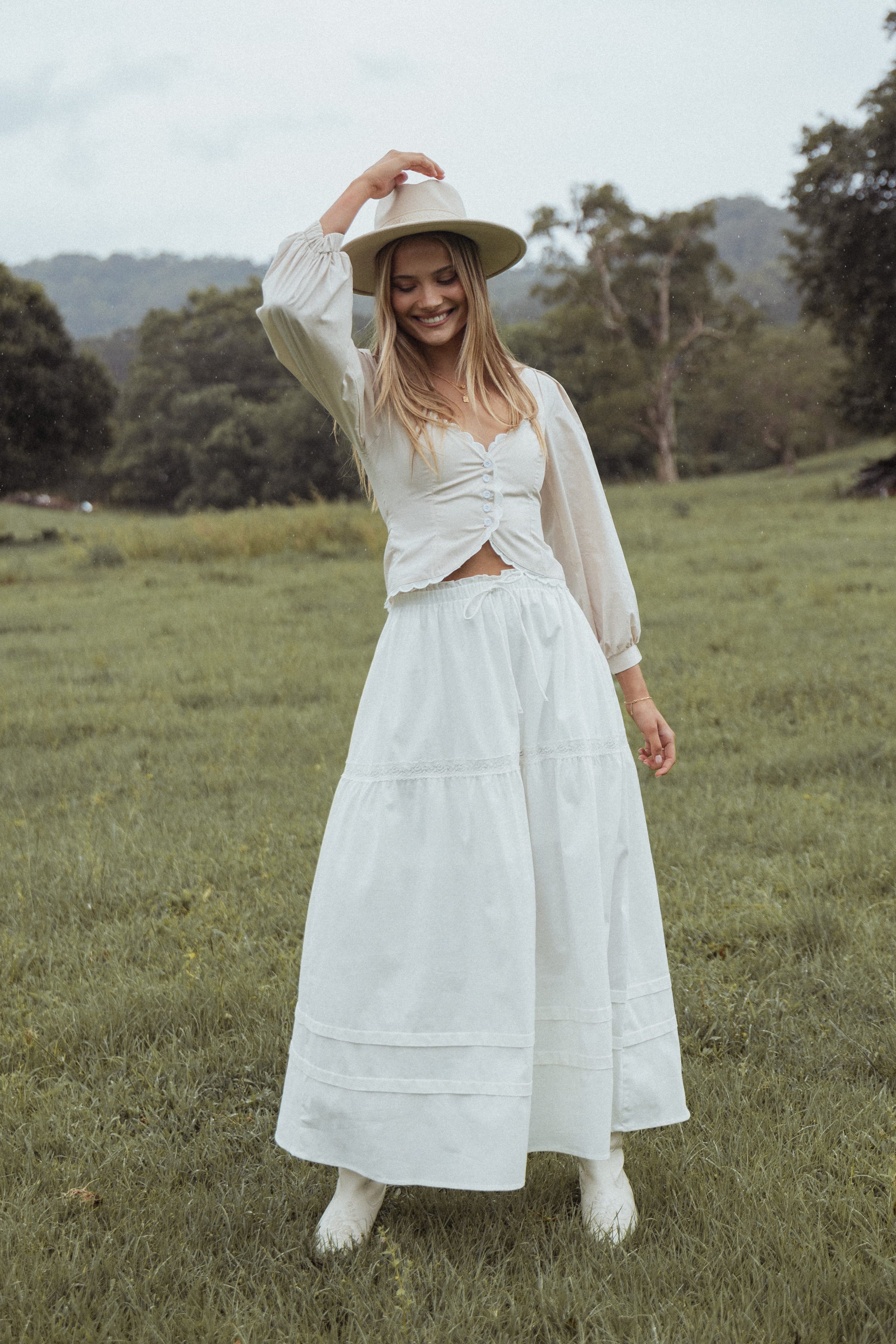 BOTTOMS Darlia Tiered Maxi Skirt - White