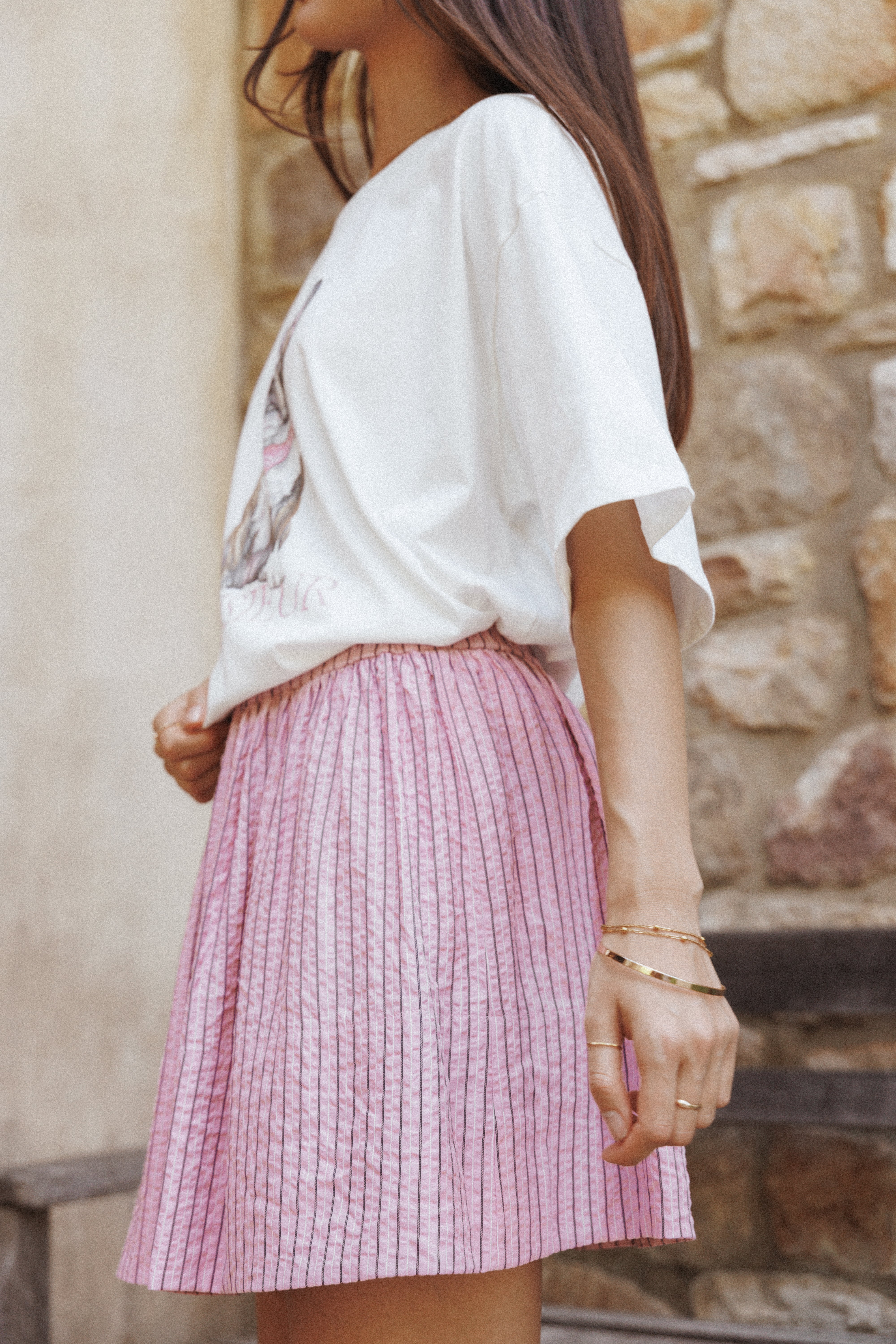 BOTTOMS Domitia Mini Aline Skirt - Pink White Stripe