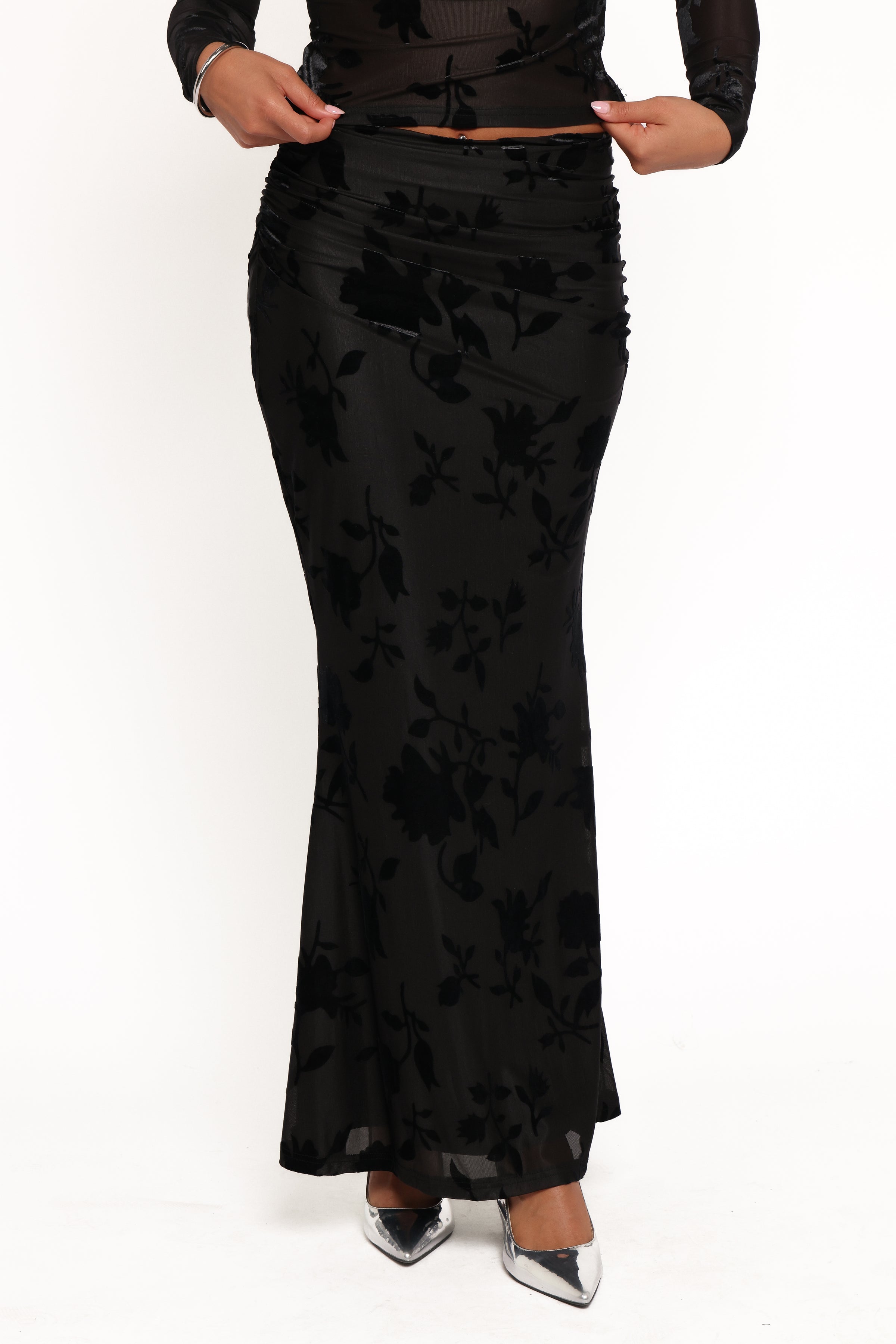 BOTTOMS Emily Burnout Velvet Skirt - Black