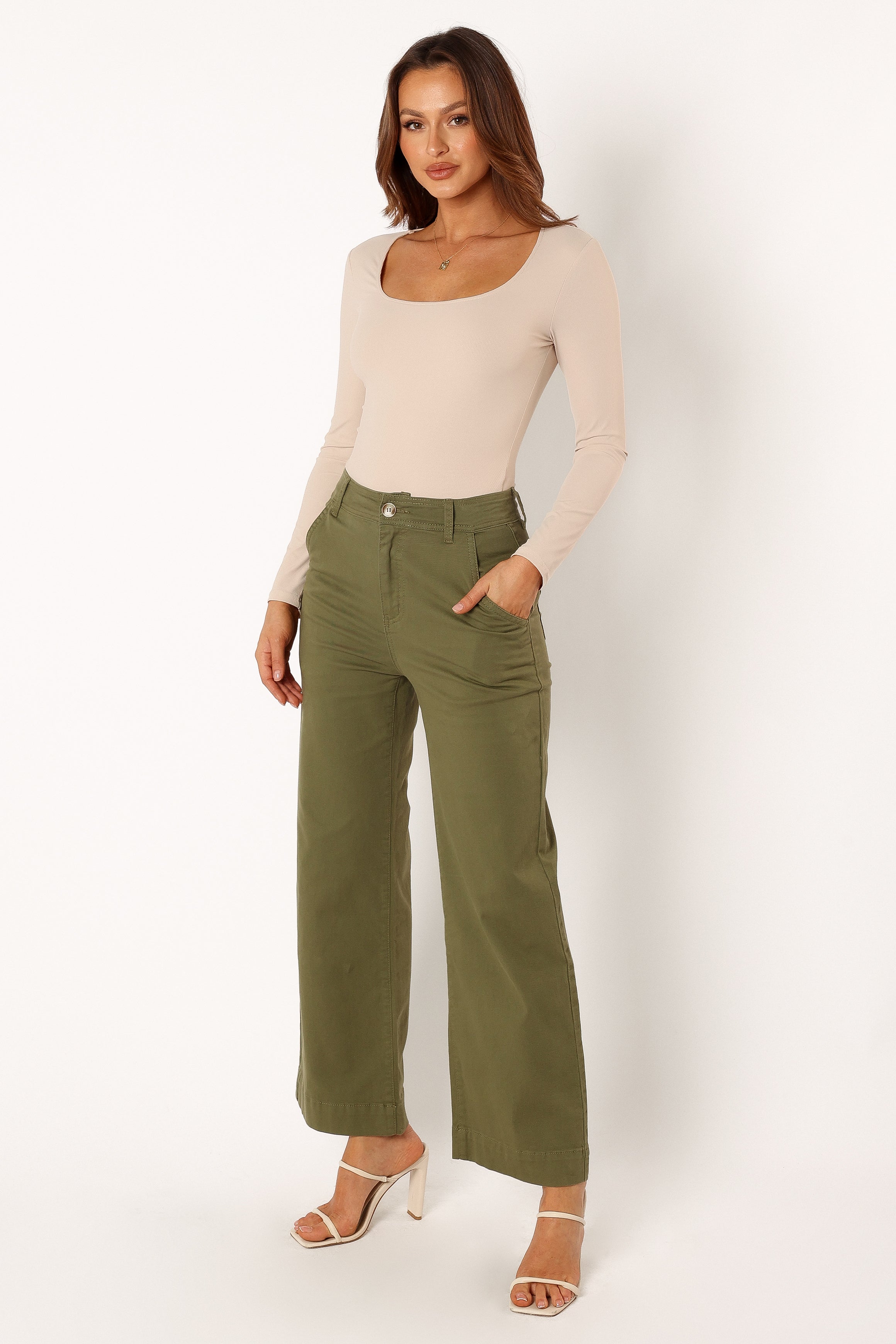 BOTTOMS @Georgia Wide Leg Pant - Dark Olive