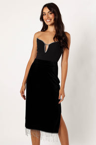 BOTTOMS @Greta Velvet Fringe Skirt - Black