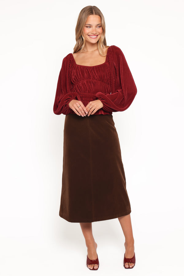 BOTTOMS Halina Velvet Midi Skirt - Chocolate