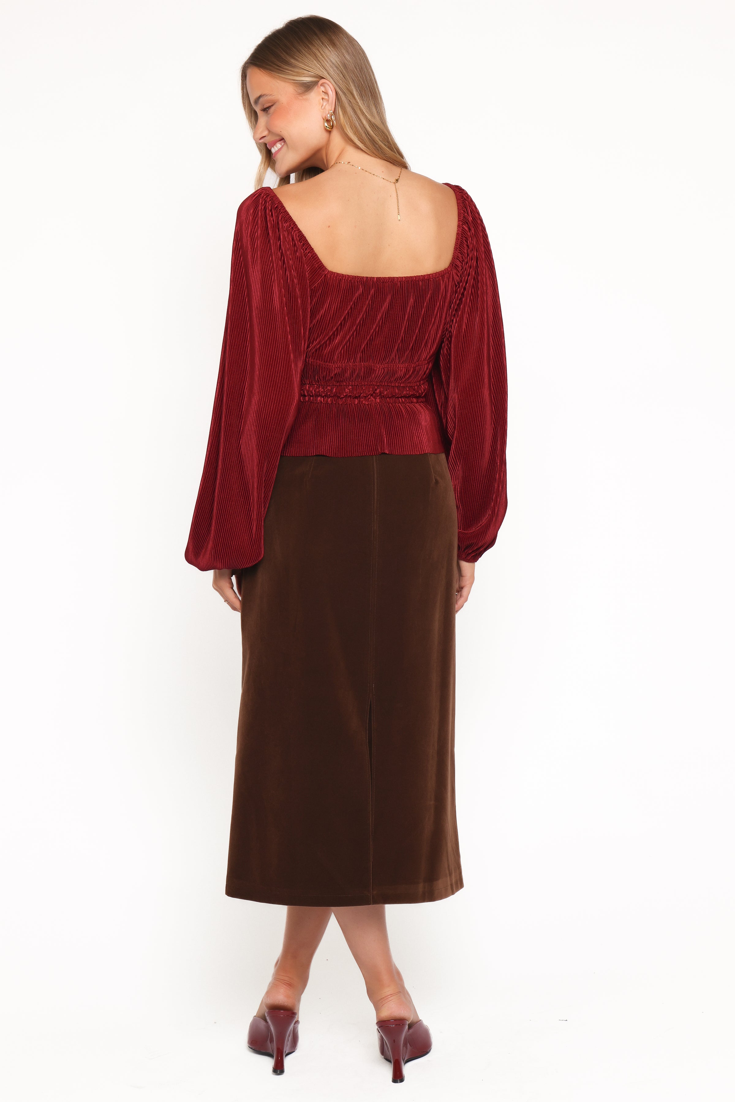 BOTTOMS Halina Velvet Midi Skirt - Chocolate