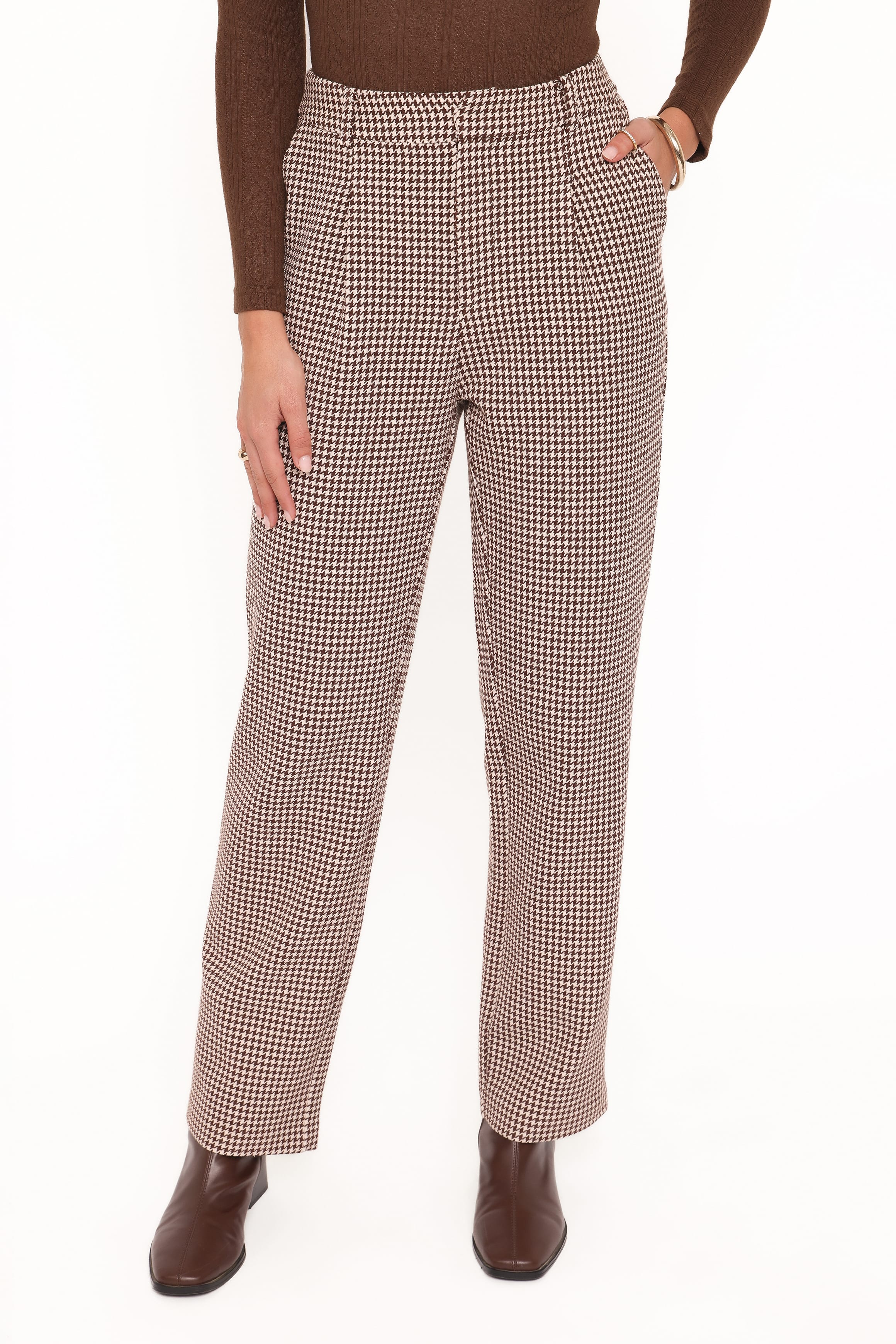 BOTTOMS Jessie Straight Leg Trouser Pants - Brown Houndstooth