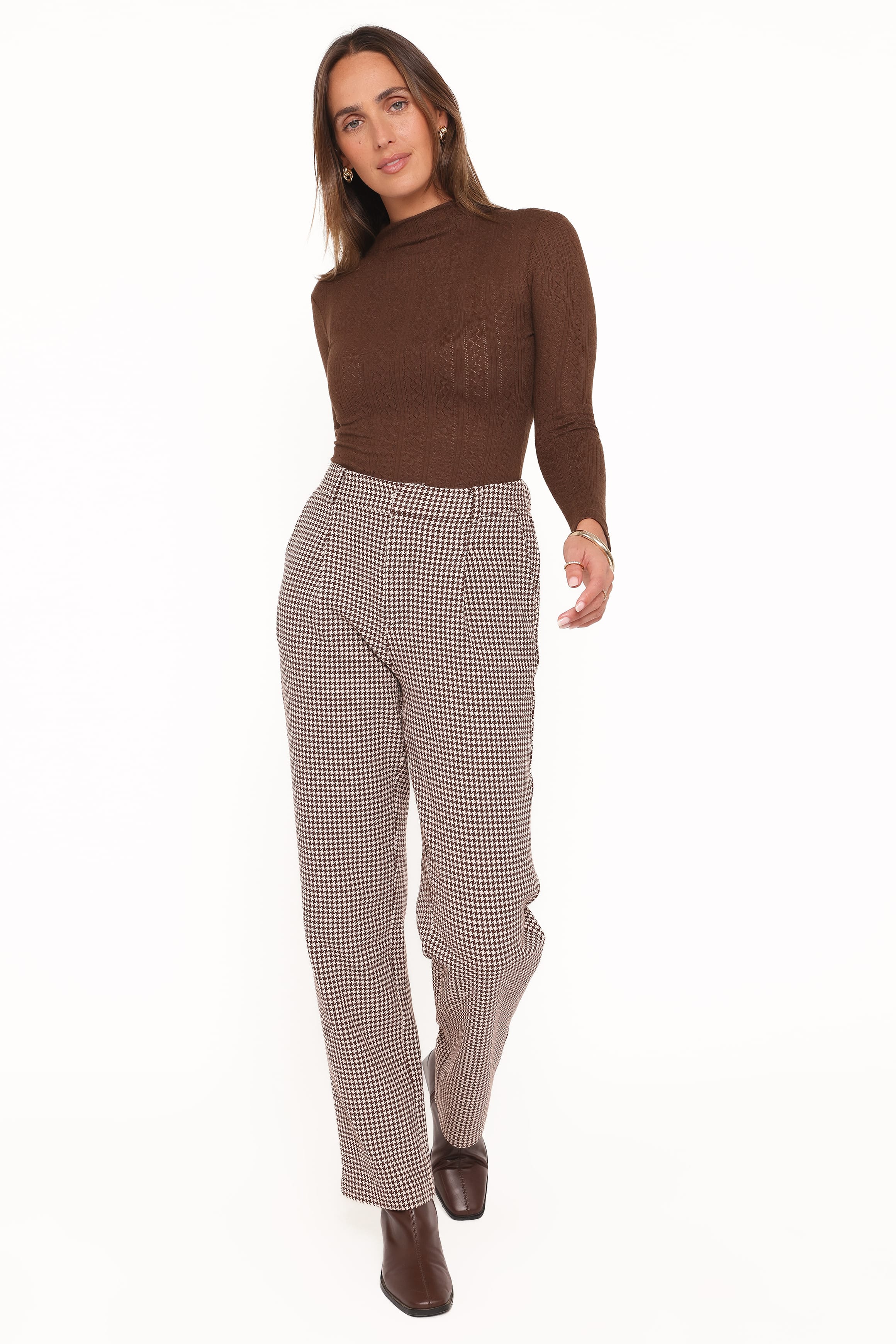 BOTTOMS Jessie Straight Leg Trouser Pants - Brown Houndstooth