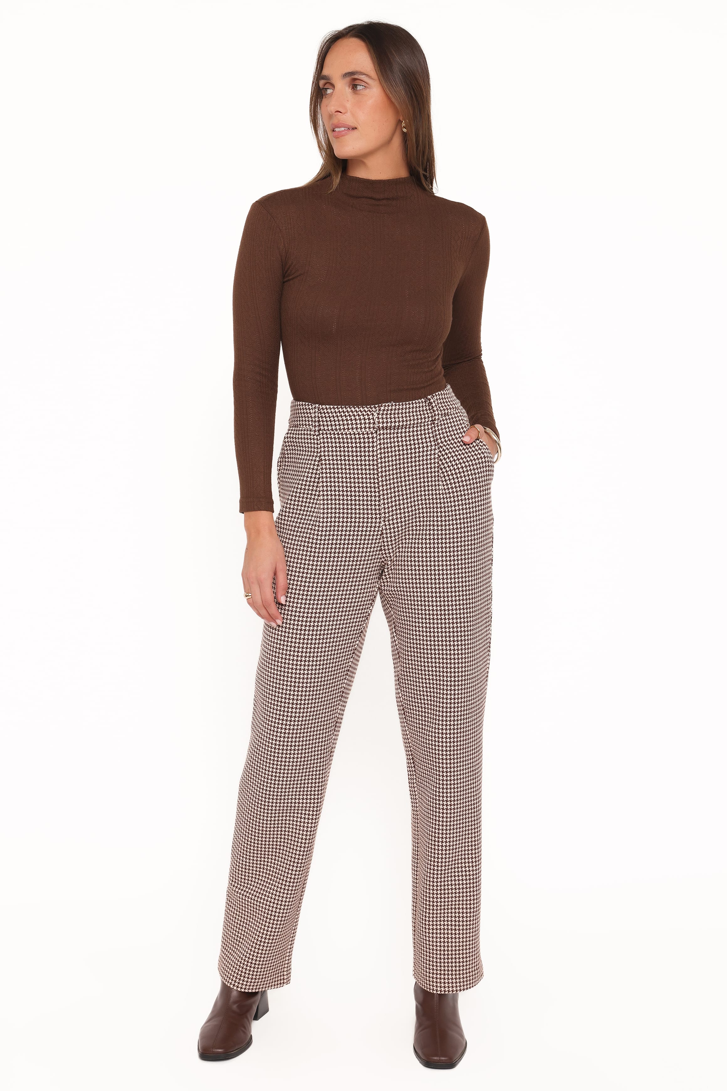 BOTTOMS Jessie Straight Leg Trouser Pants - Brown Houndstooth