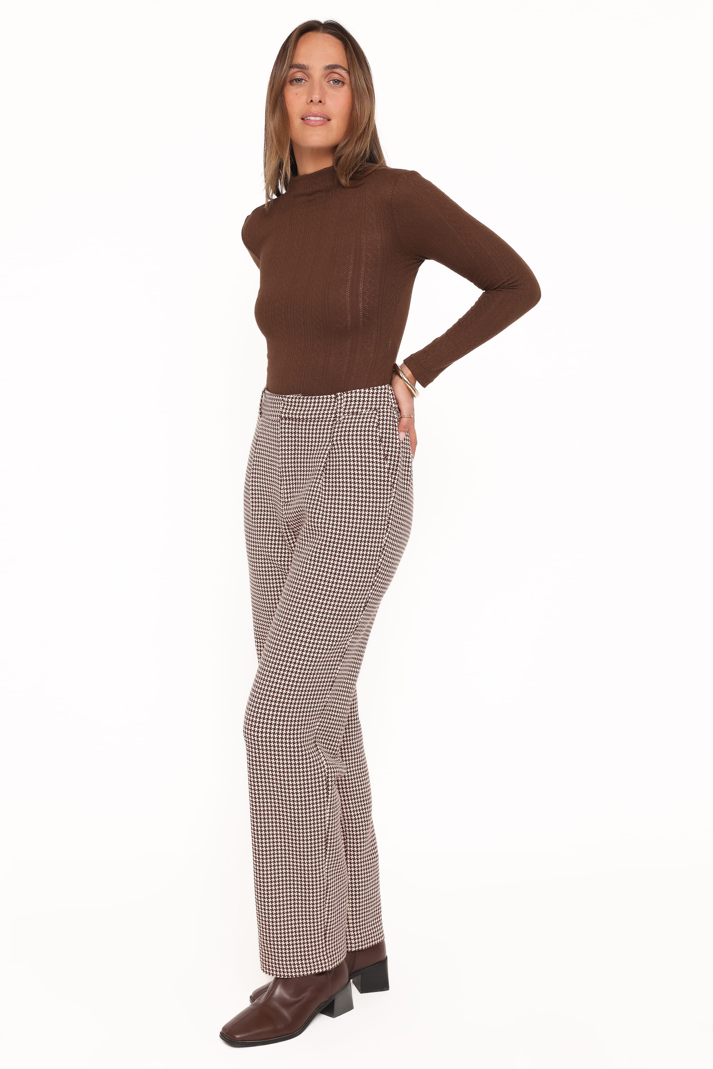 BOTTOMS Jessie Straight Leg Trouser Pants - Brown Houndstooth