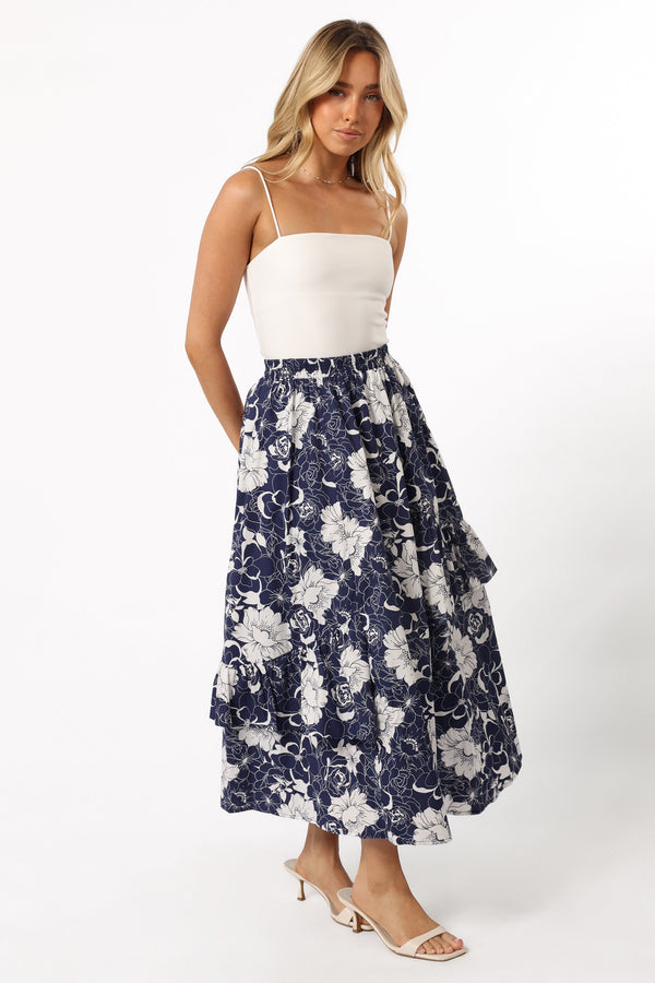 BOTTOMS @Josephine Tiered Midi Skirt - Navy