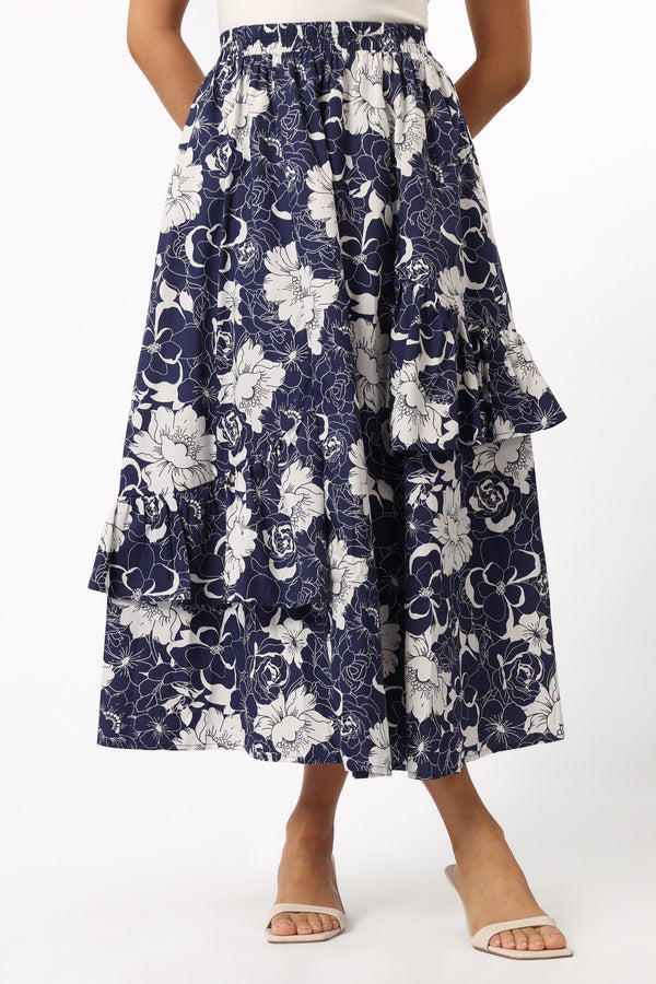 BOTTOMS @Josephine Tiered Midi Skirt - Navy