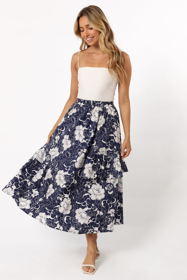 BOTTOMS @Josephine Tiered Midi Skirt - Navy