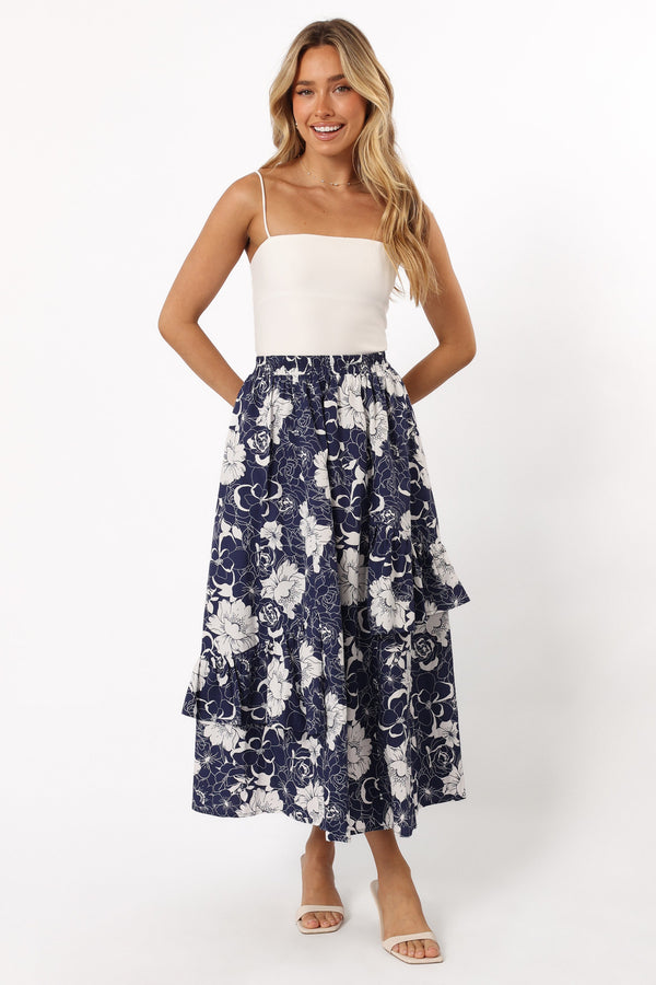 BOTTOMS @Josephine Tiered Midi Skirt - Navy