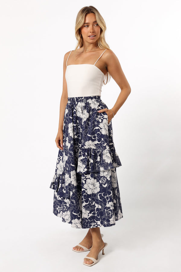 BOTTOMS @Josephine Tiered Midi Skirt - Navy