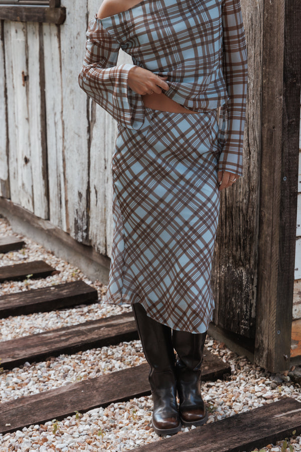 BOTTOMS Josiana Pencil Skirt - Blue/Brown Plaid