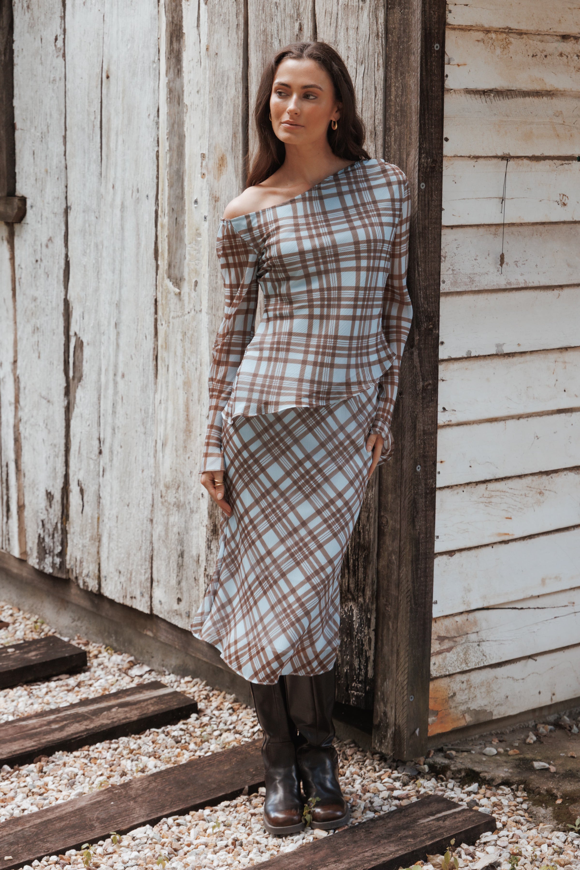 BOTTOMS Josiana Pencil Skirt - Blue/Brown Plaid
