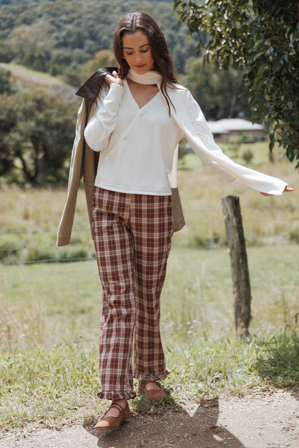 BOTTOMS Kaelia Frill Hem Straight Pant - Burgundy Plaid