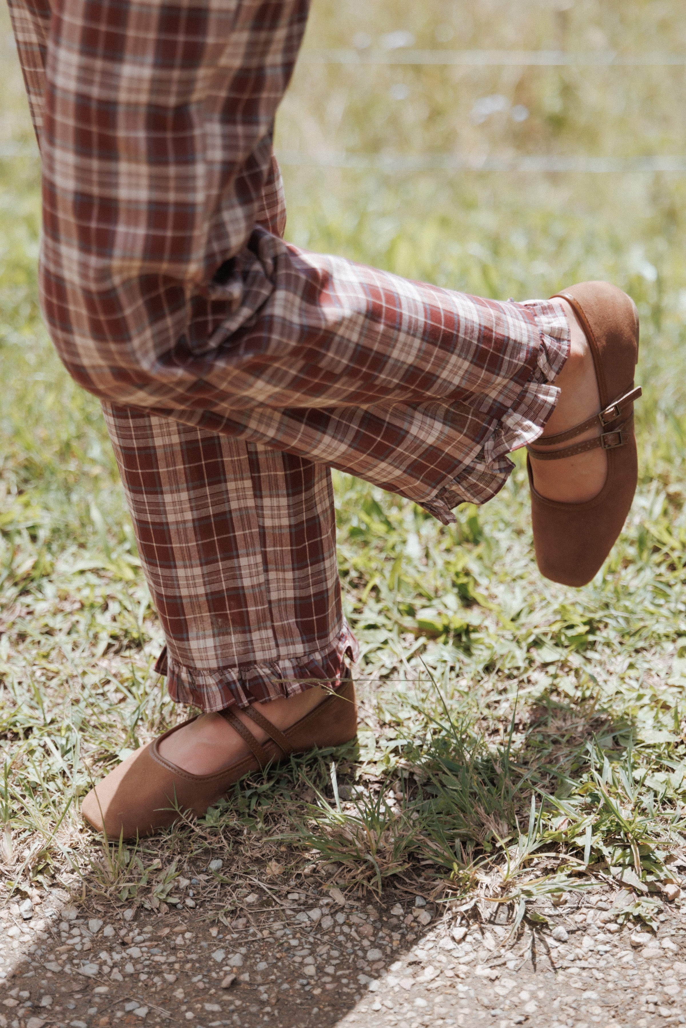 BOTTOMS Kaelia Frill Hem Straight Pant - Burgundy Plaid