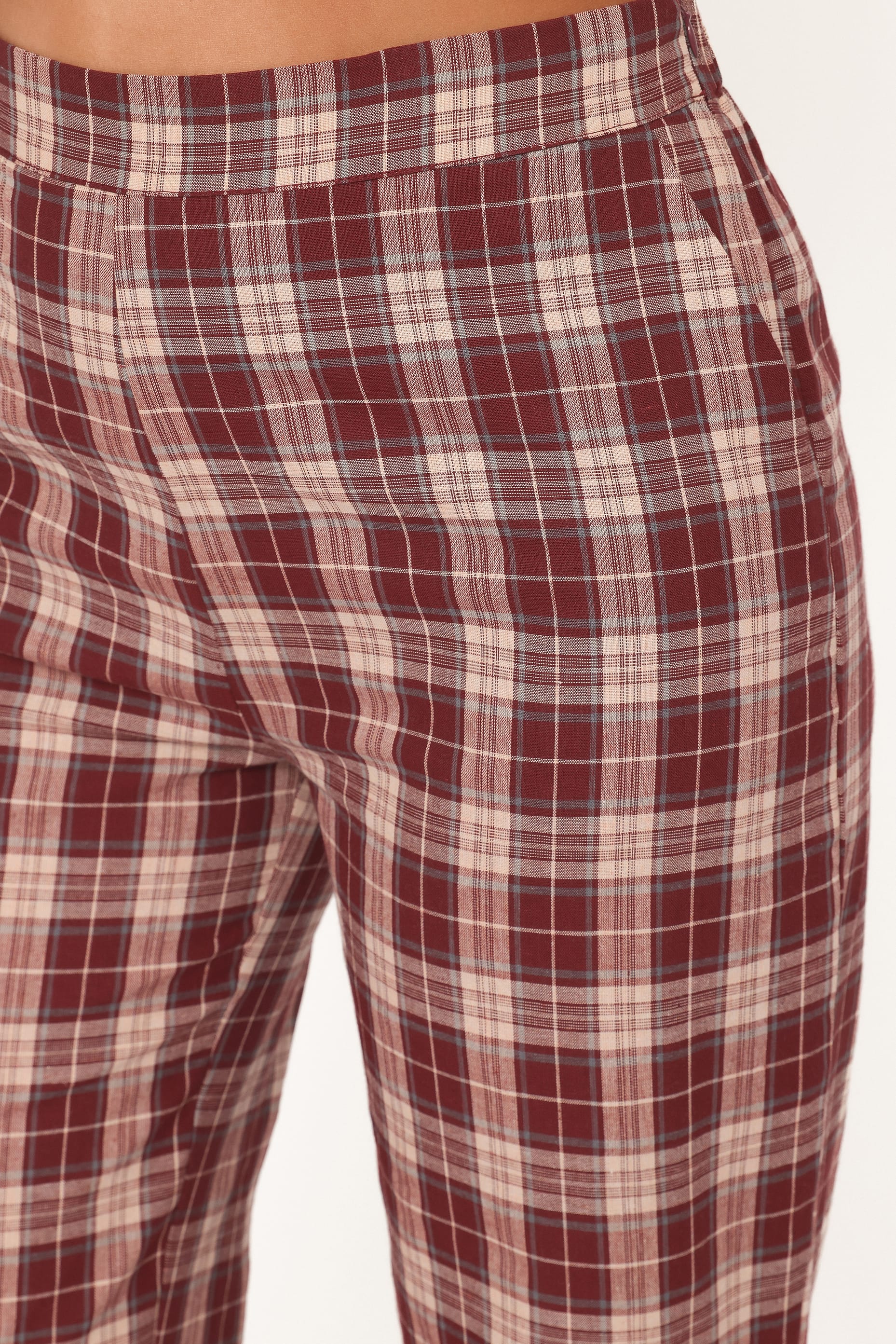 BOTTOMS Kaelia Frill Hem Straight Pant - Burgundy Plaid