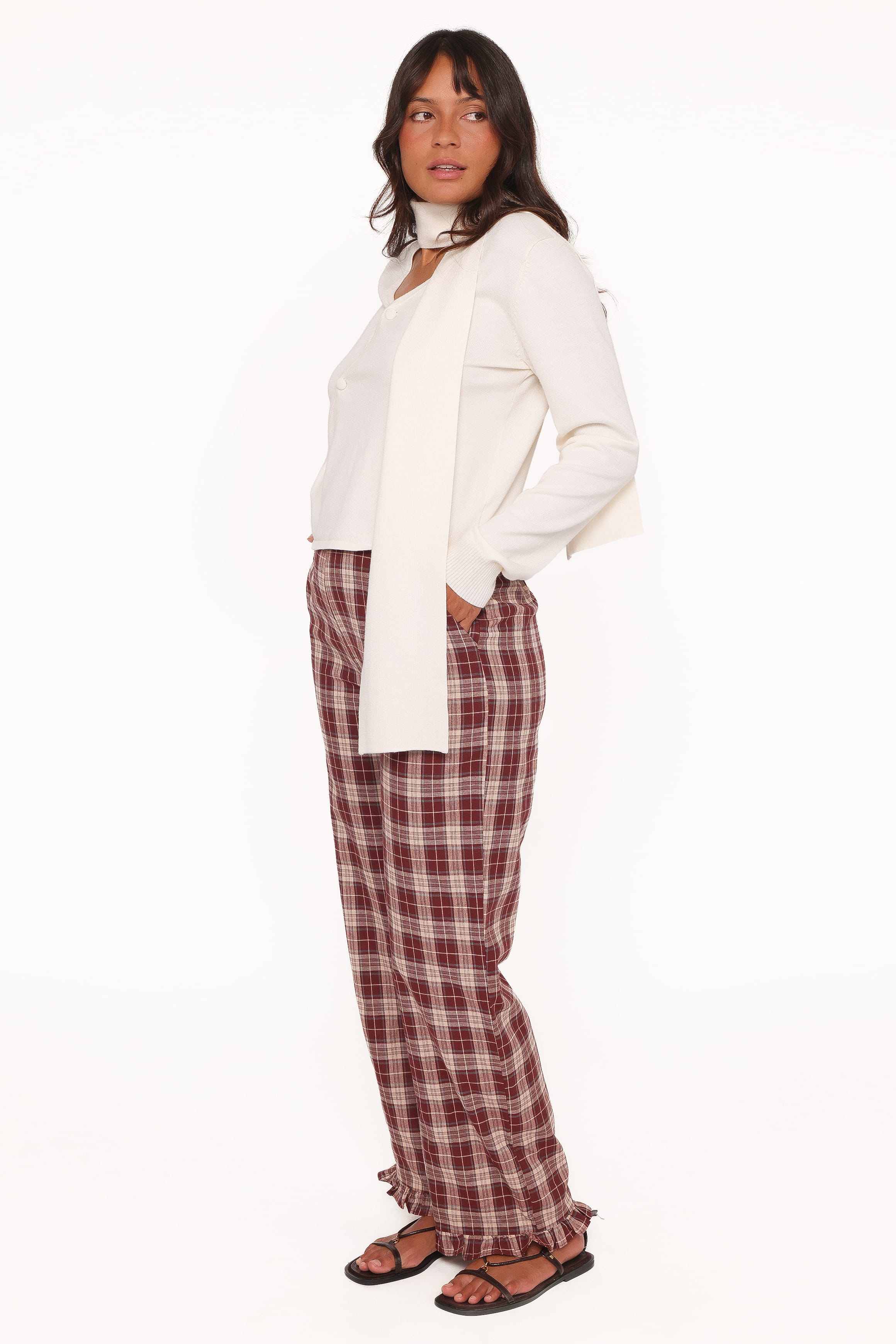 BOTTOMS Kaelia Frill Hem Straight Pant - Burgundy Plaid