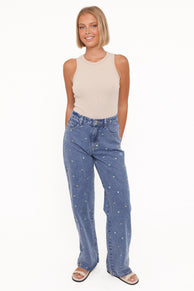 BOTTOMS Kendall Straight Leg Jeans - Embroidery Medium Wash